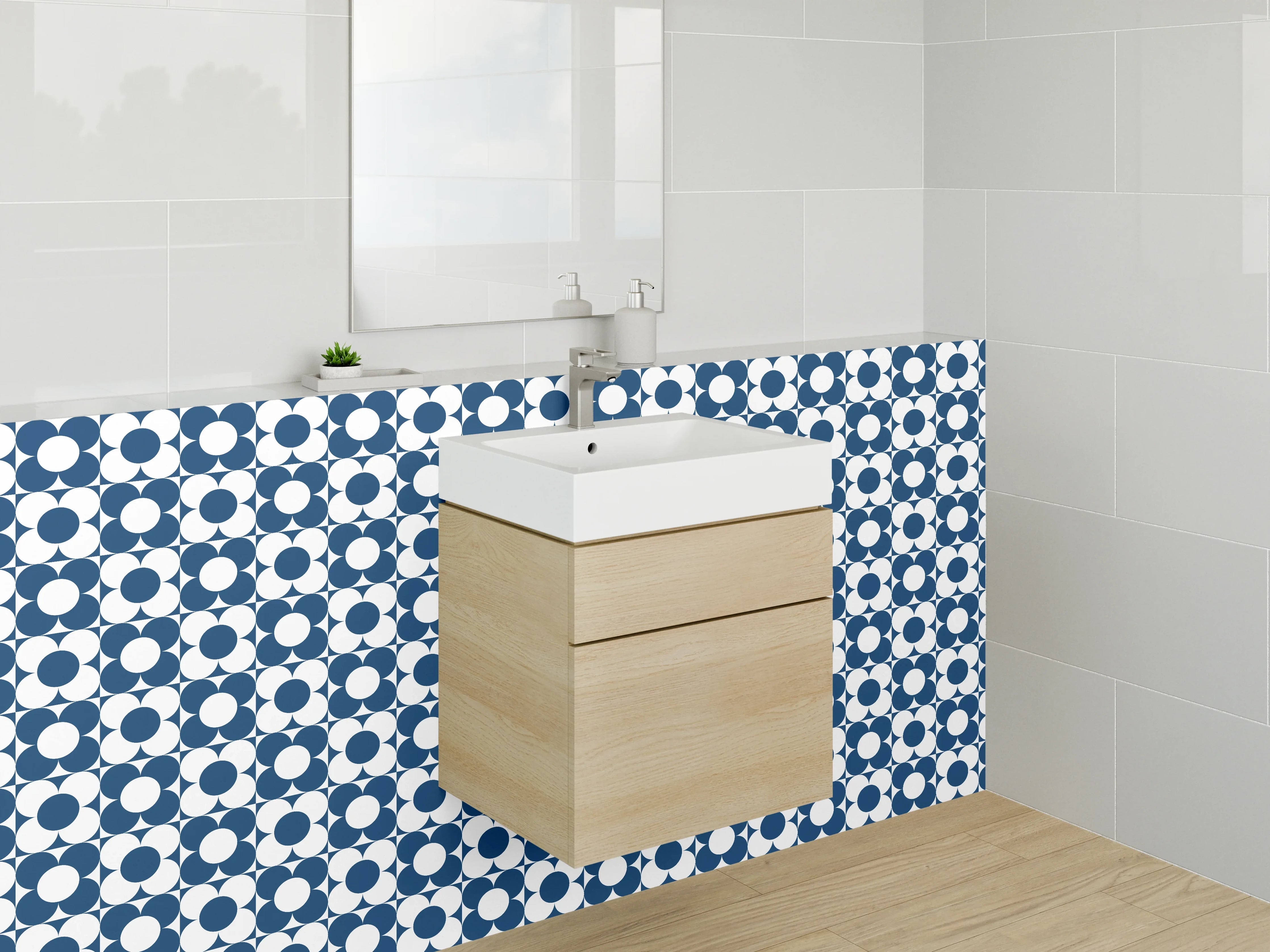 Waschbecken-Rückwand - Retro Kreismuster Blau Weiß Fliese