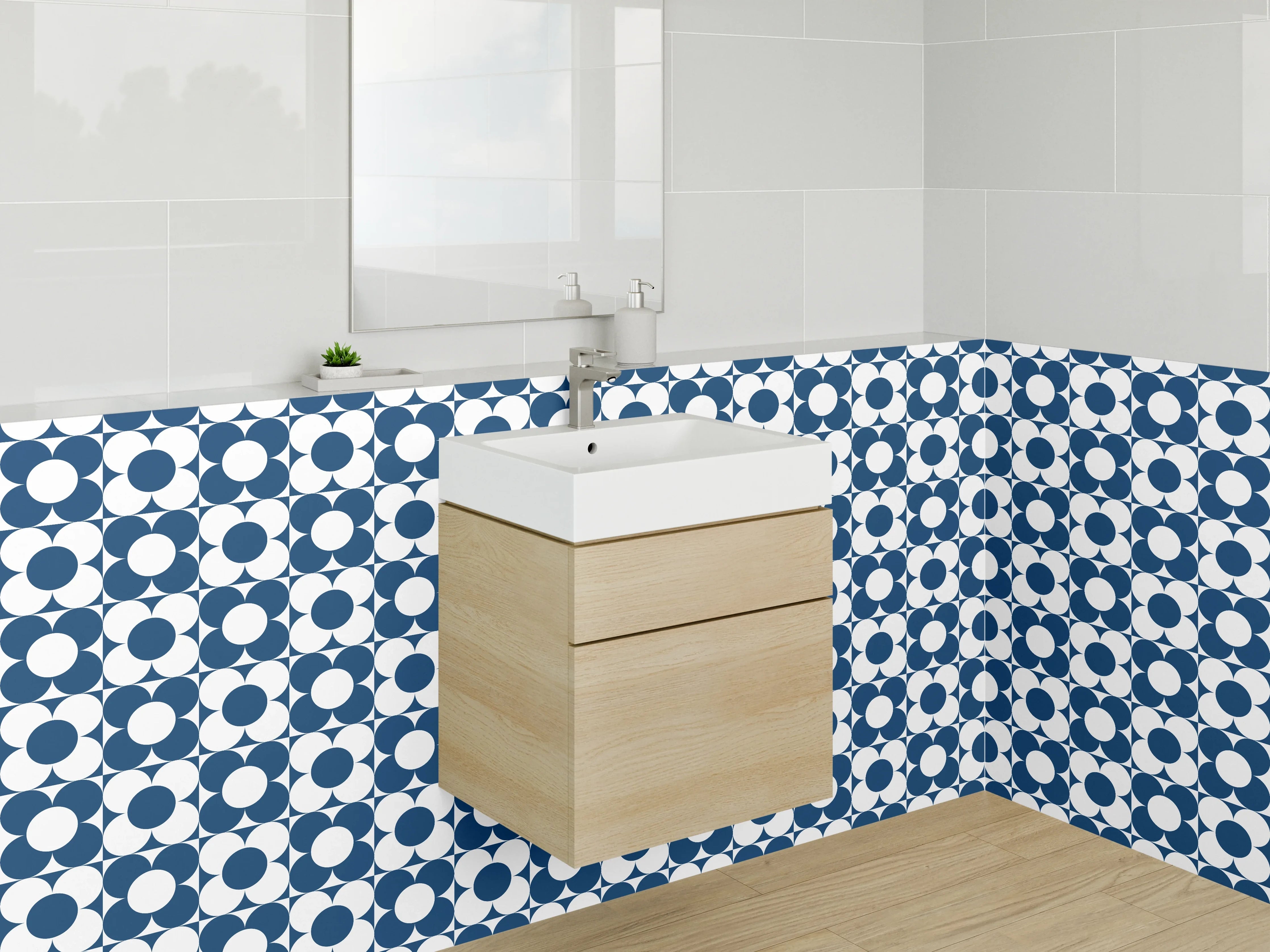 Waschbecken-Rückwand - Retro Kreismuster Blau Weiß Fliese