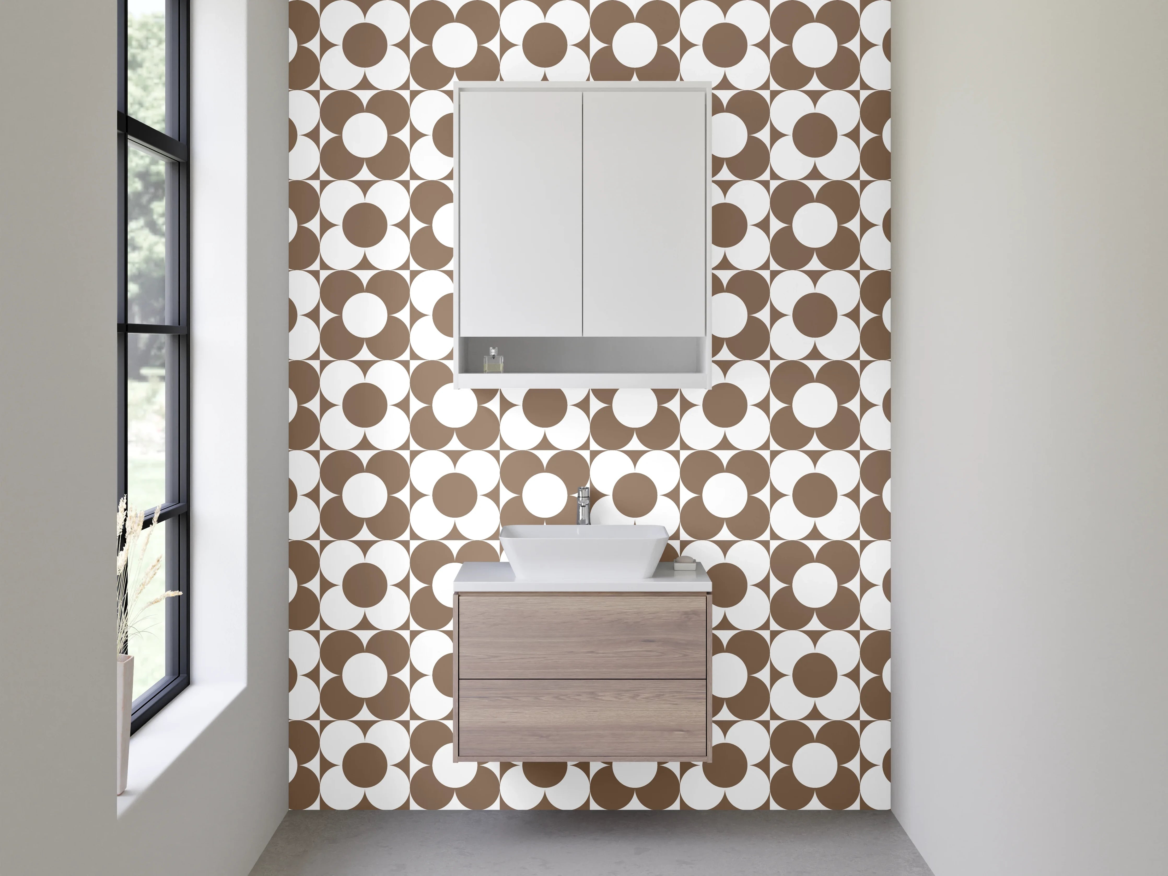 Waschbecken-Rückwand - Retro Kreismuster Braun Weiß Dekor