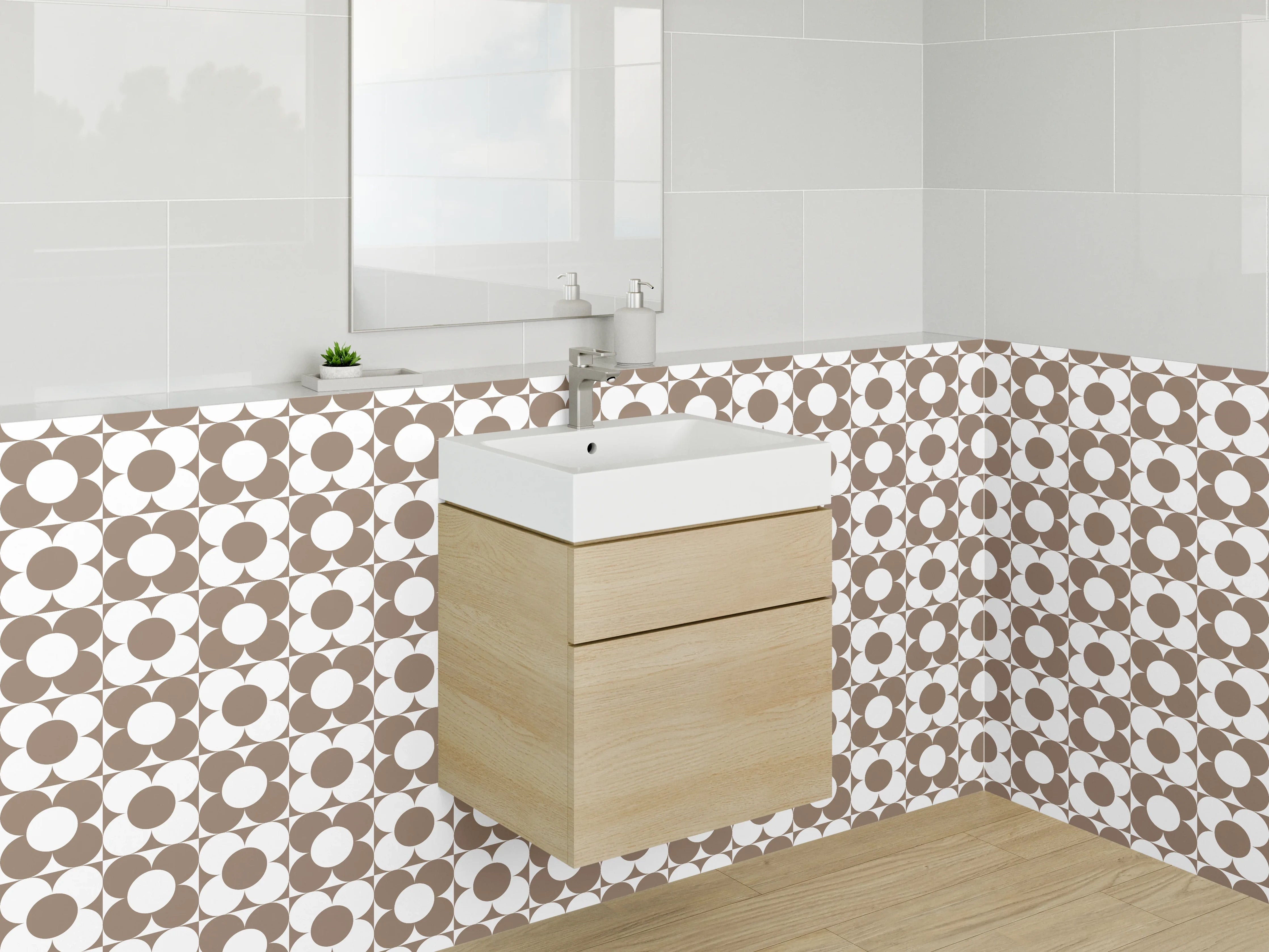 Waschbecken-Rückwand - Retro Kreismuster Braun Weiß Dekor