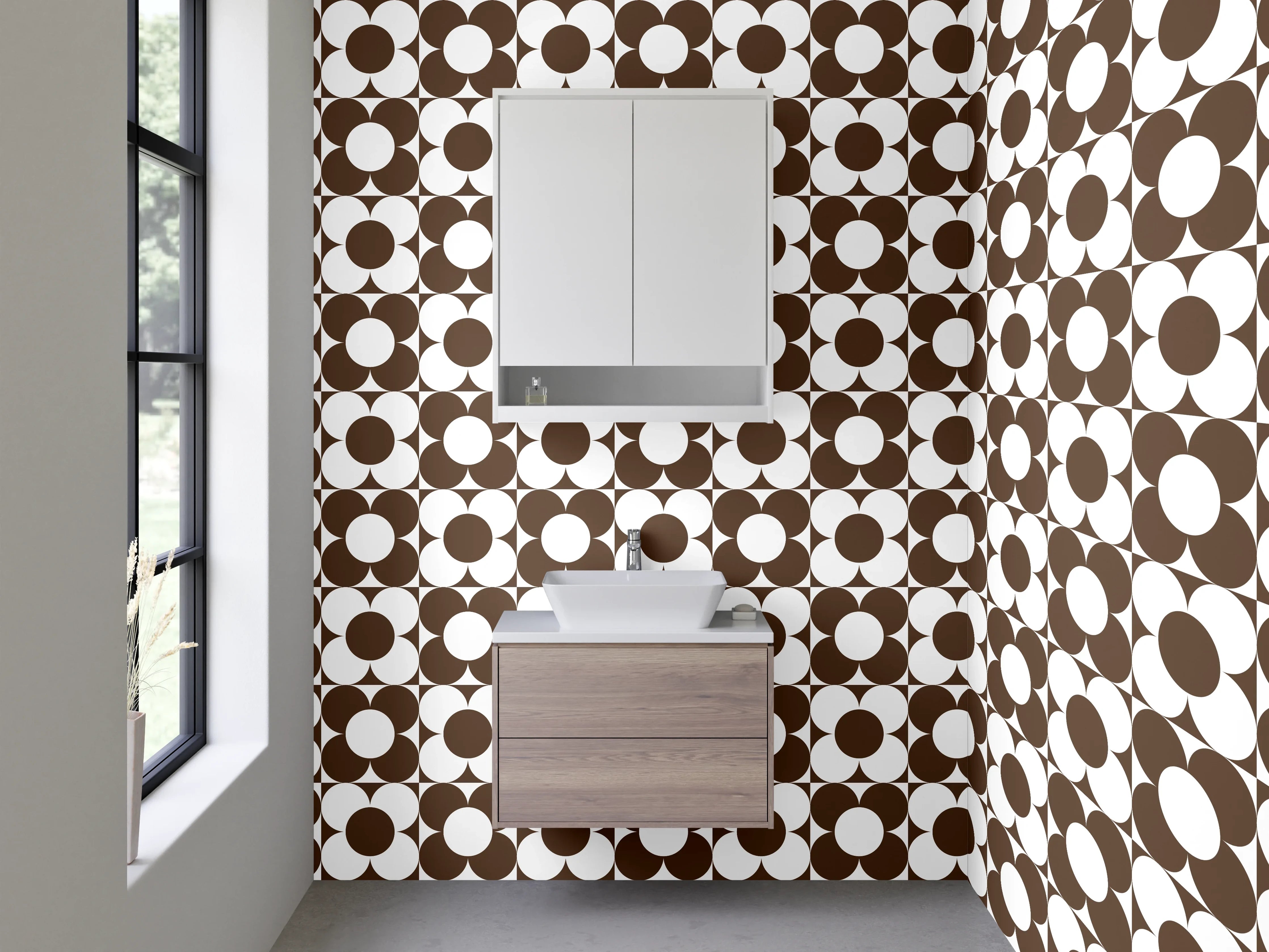 Waschbecken-Rückwand - Retro Kreismuster Braun Weiß Modern