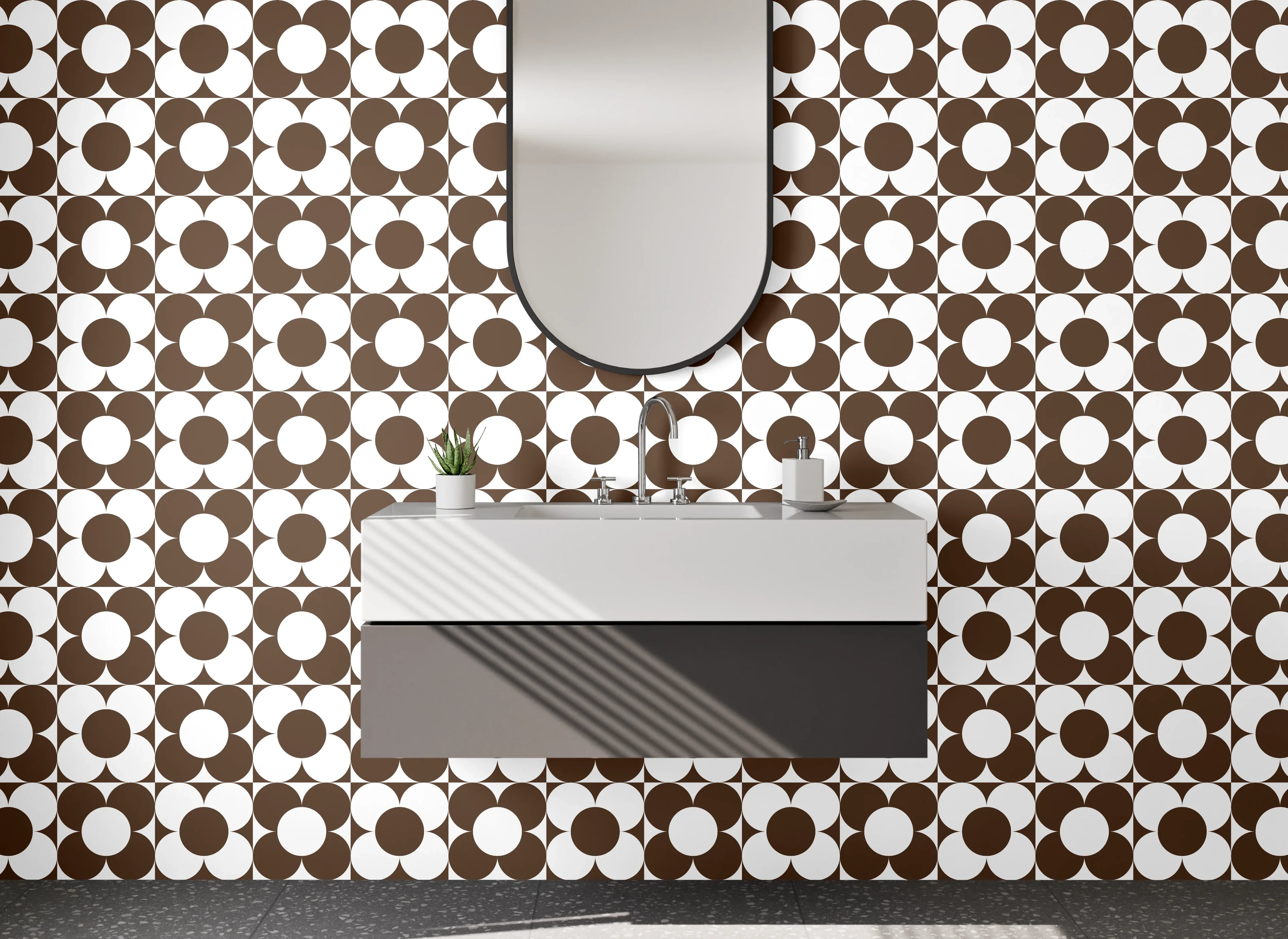 Waschbecken-Rückwand - Retro Kreismuster Braun Weiß Modern