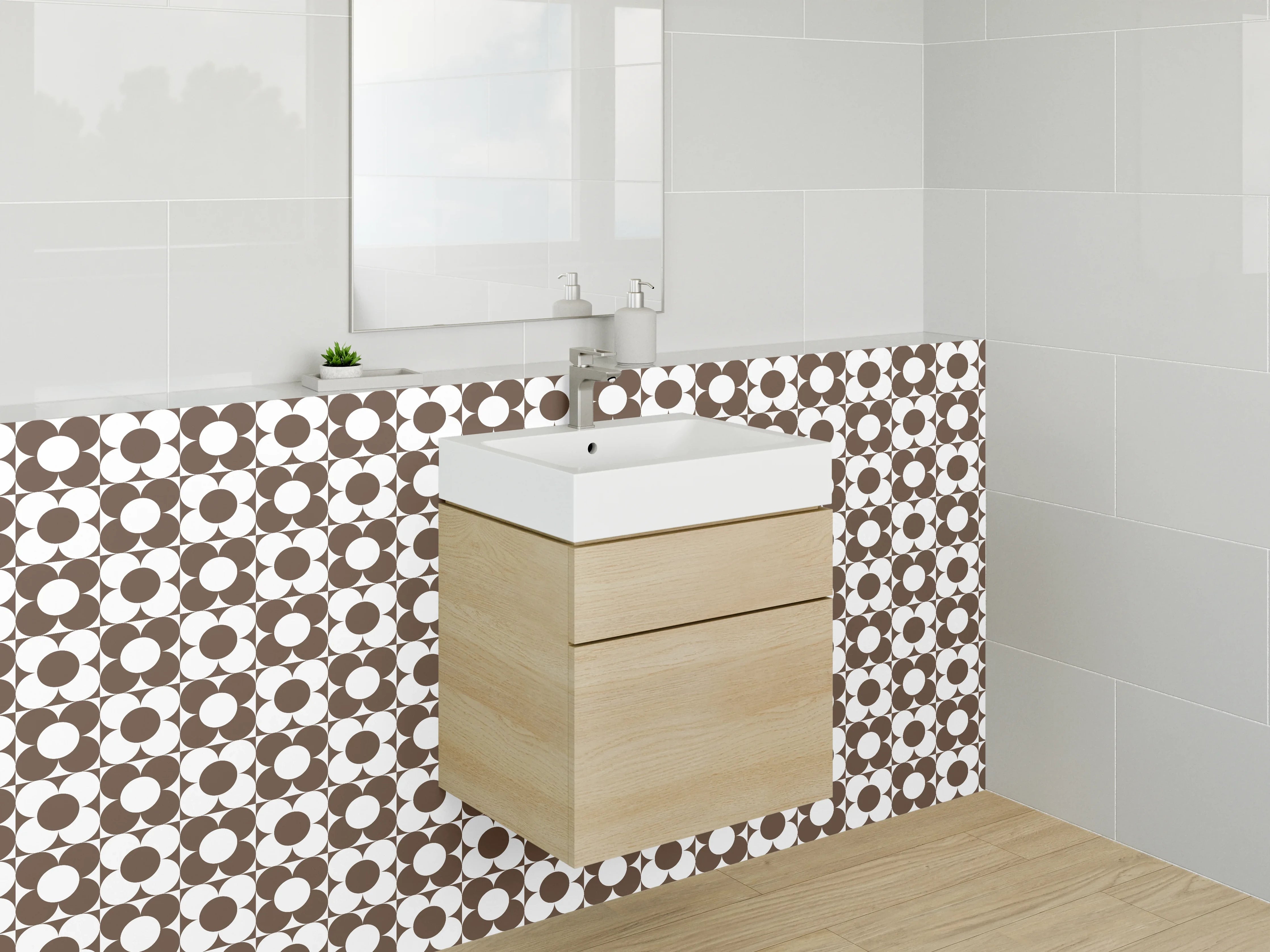Waschbecken-Rückwand - Retro Kreismuster Braun Weiß Modern