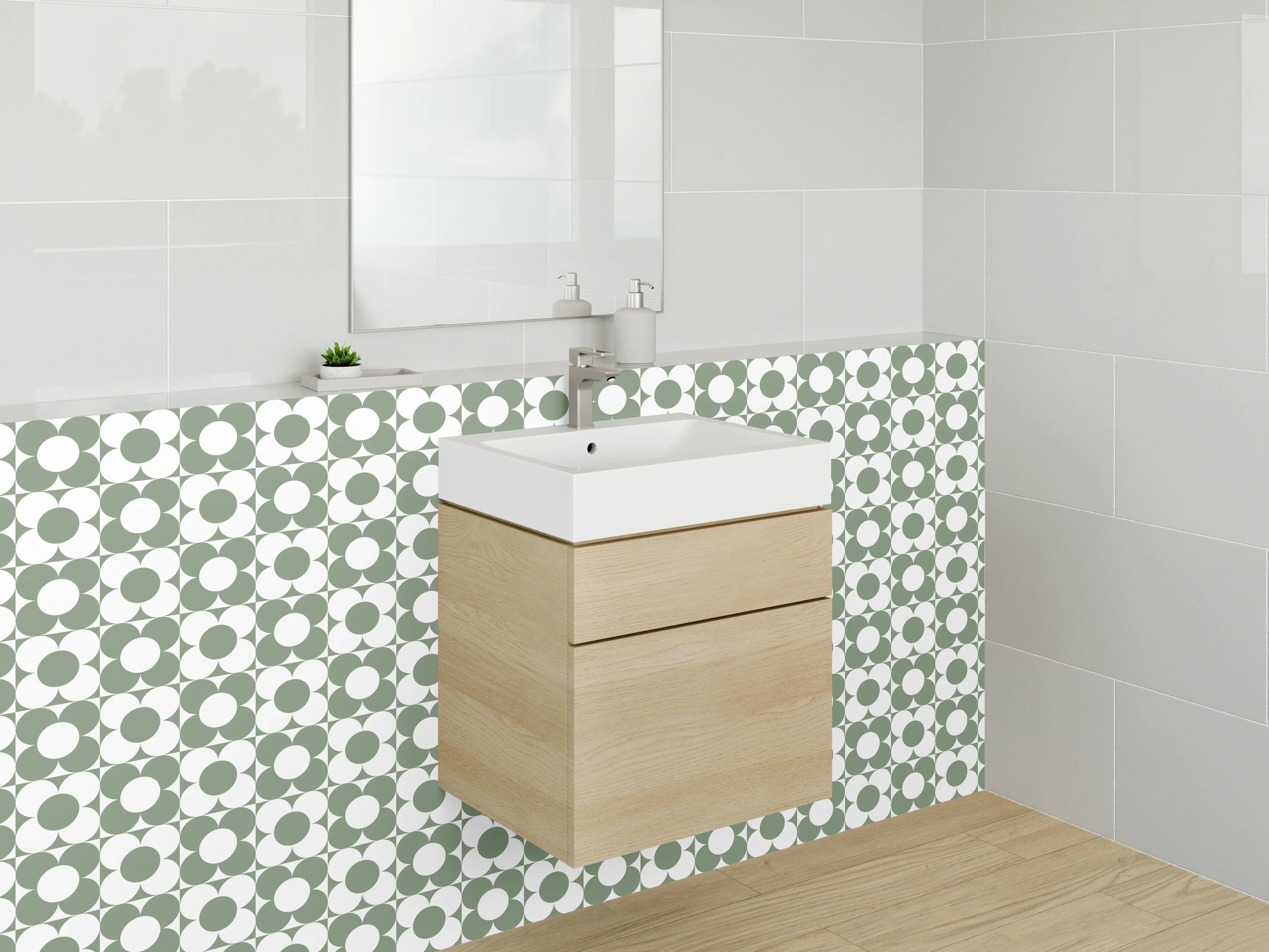 Waschbecken-Rückwand - Retro Kreismuster Fliesenoptik grün-weiß