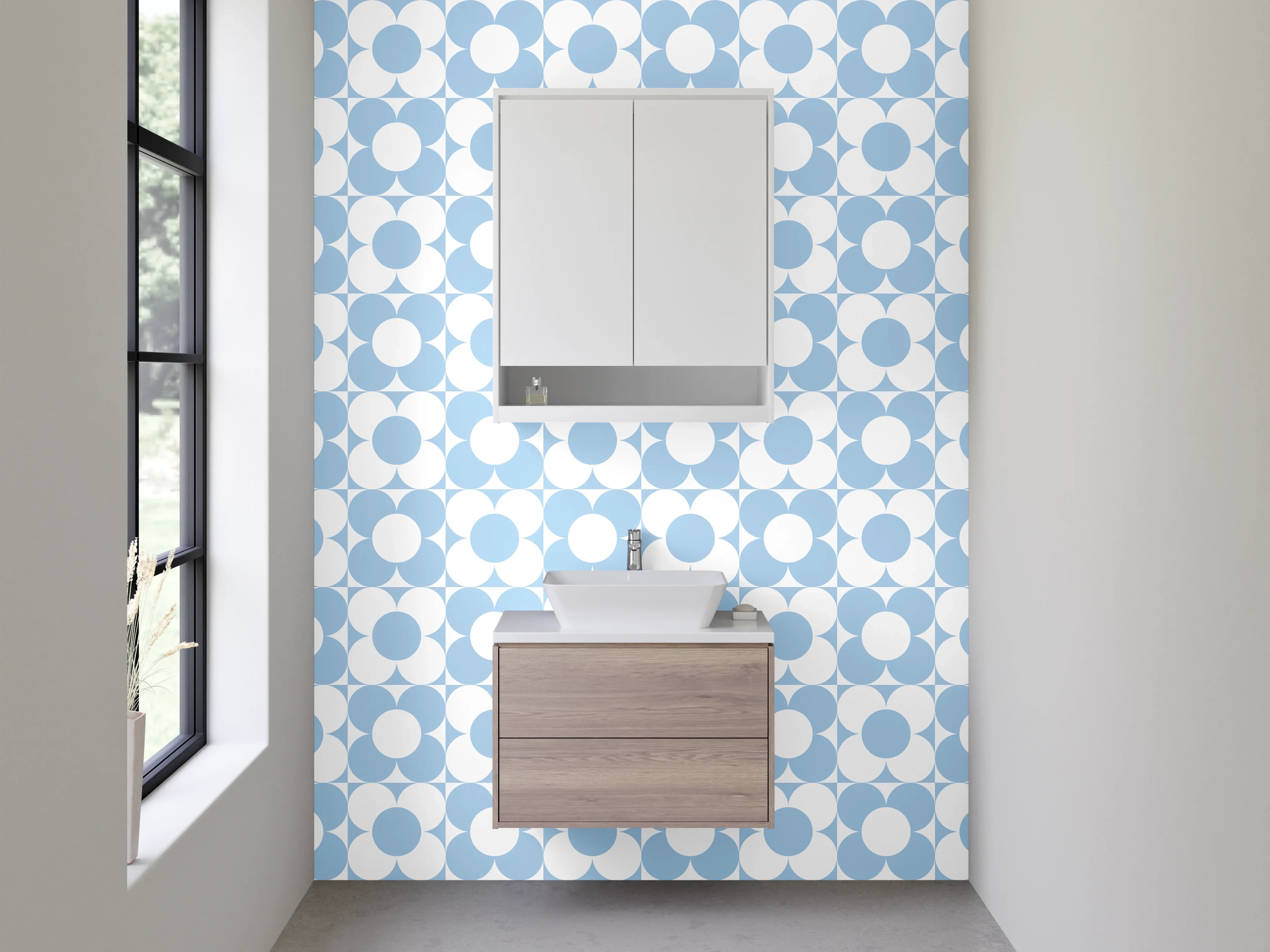 Waschbecken-Rückwand - Retro Kreismuster Hellblau Weiß