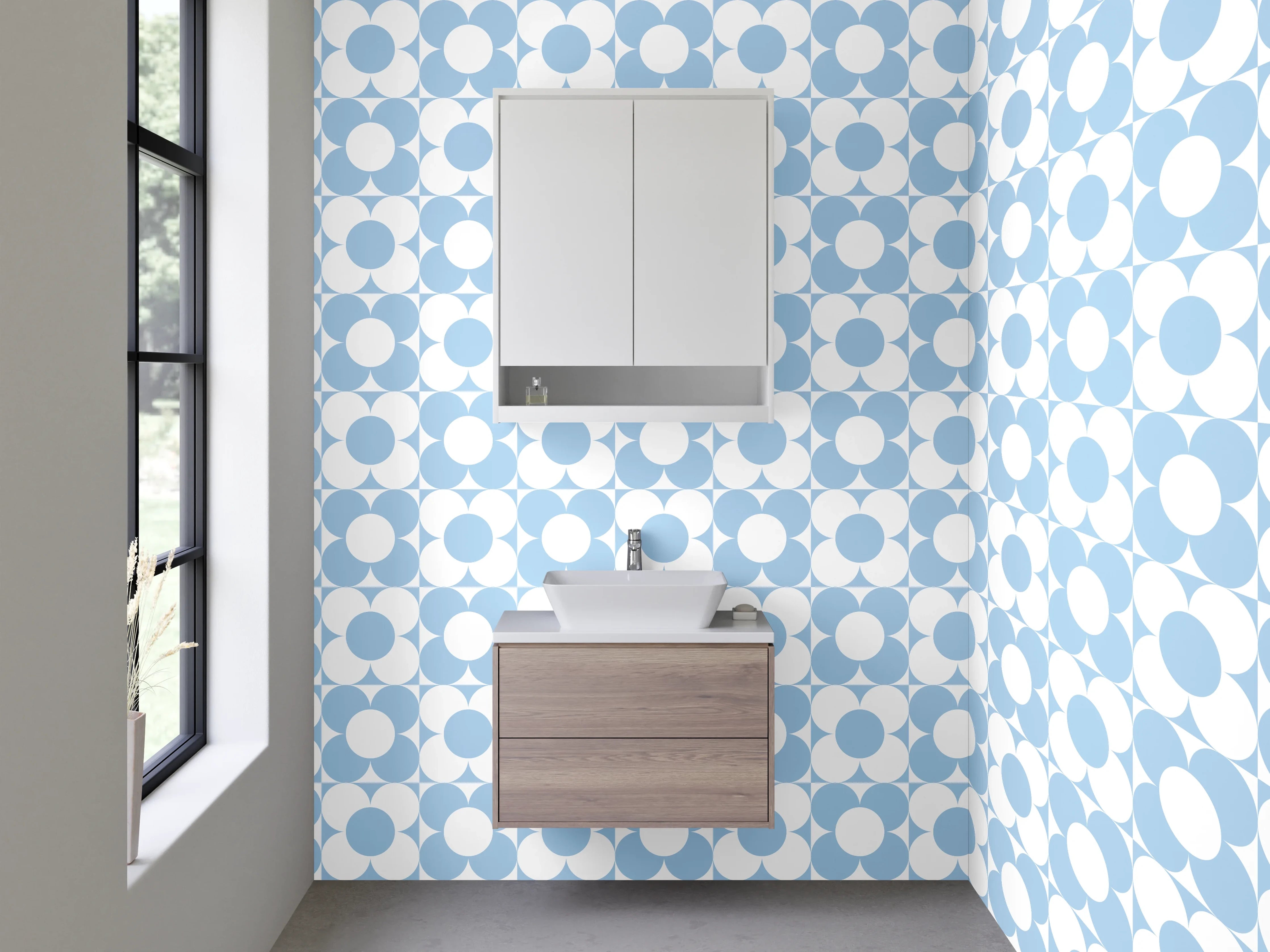 Waschbecken-Rückwand - Retro Kreismuster Hellblau Weiß