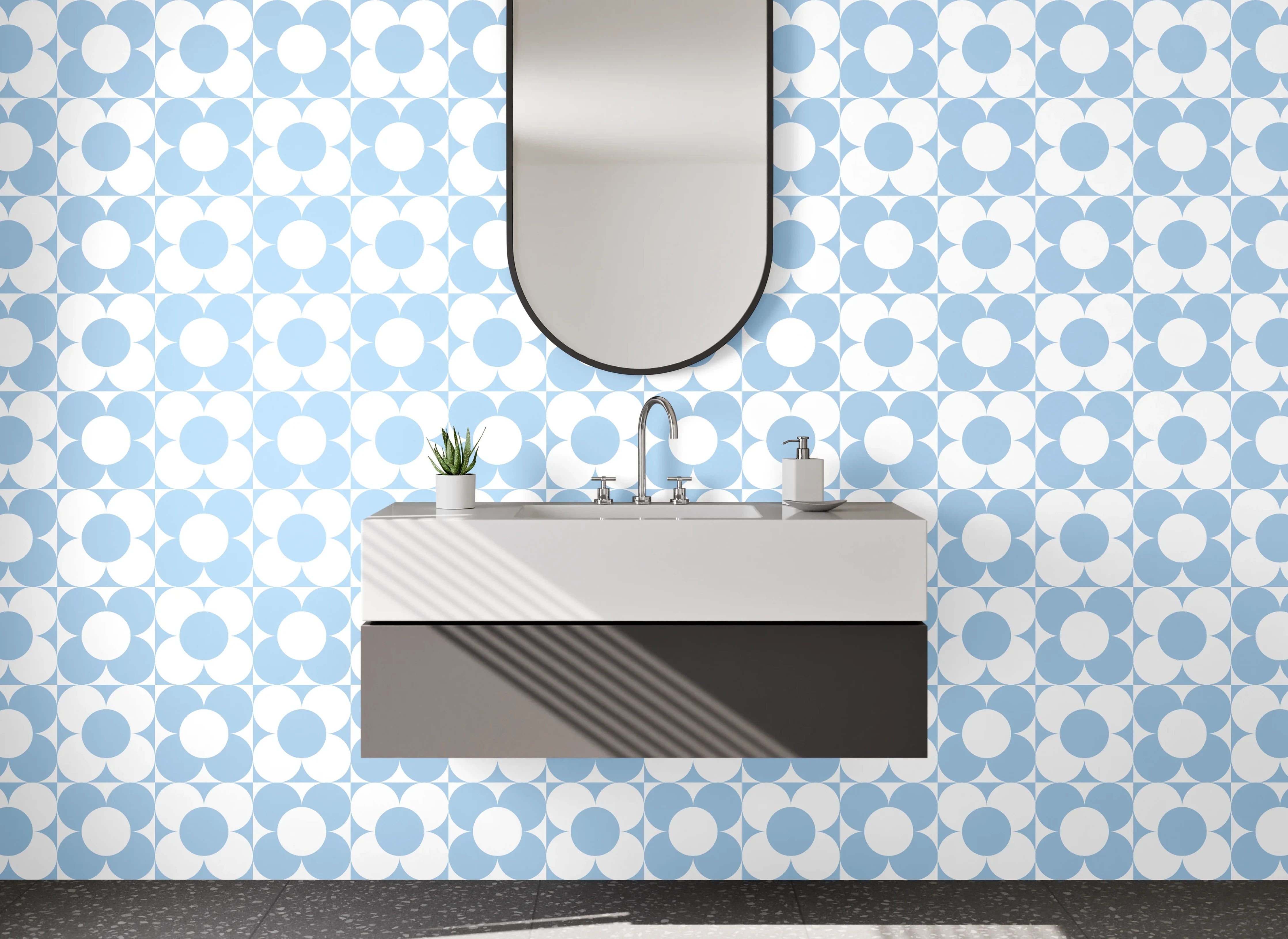 Waschbecken-Rückwand - Retro Kreismuster Hellblau Weiß