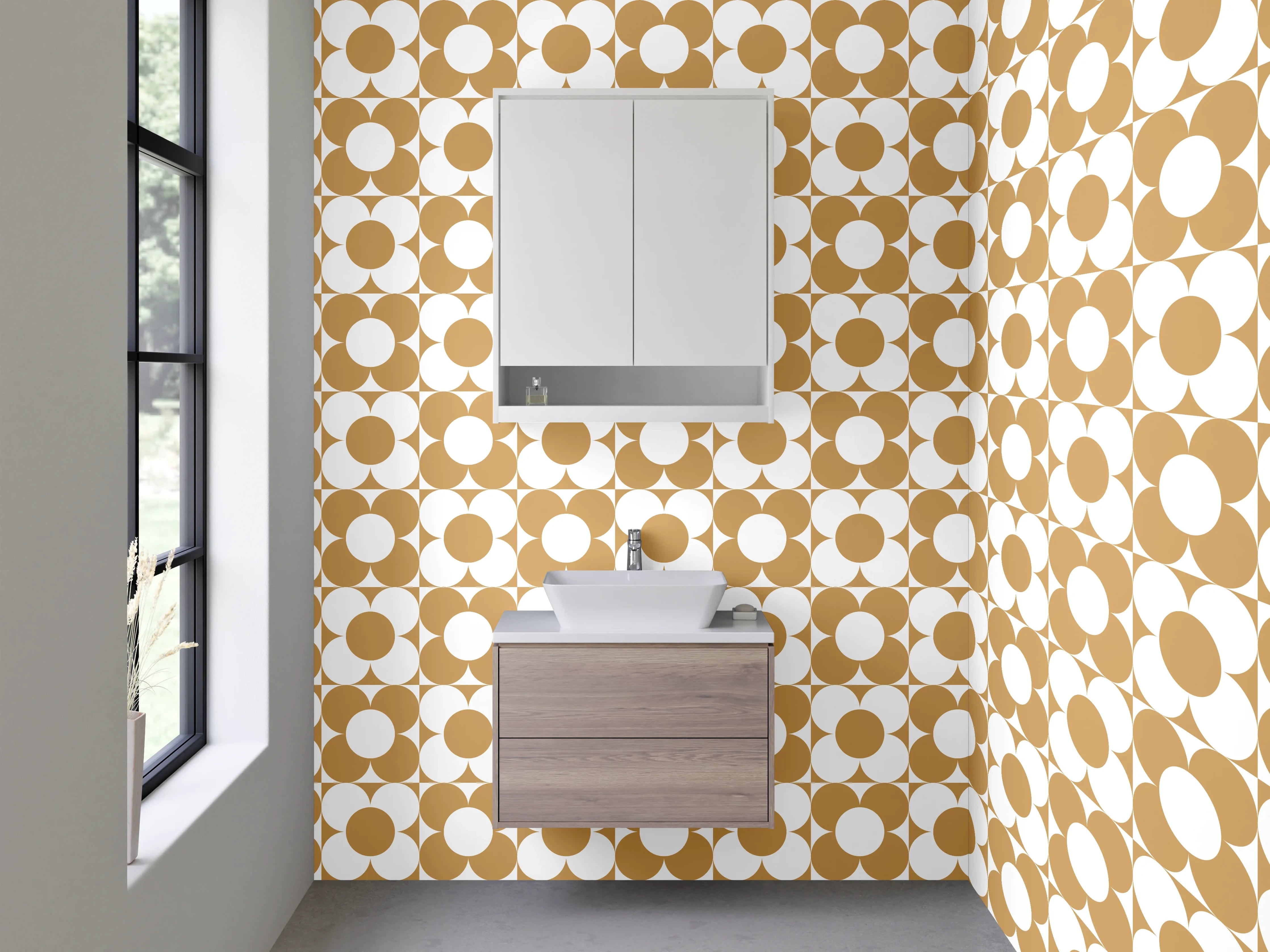 Waschbecken-Rückwand - Retro Kreismuster in Beige und Weiß