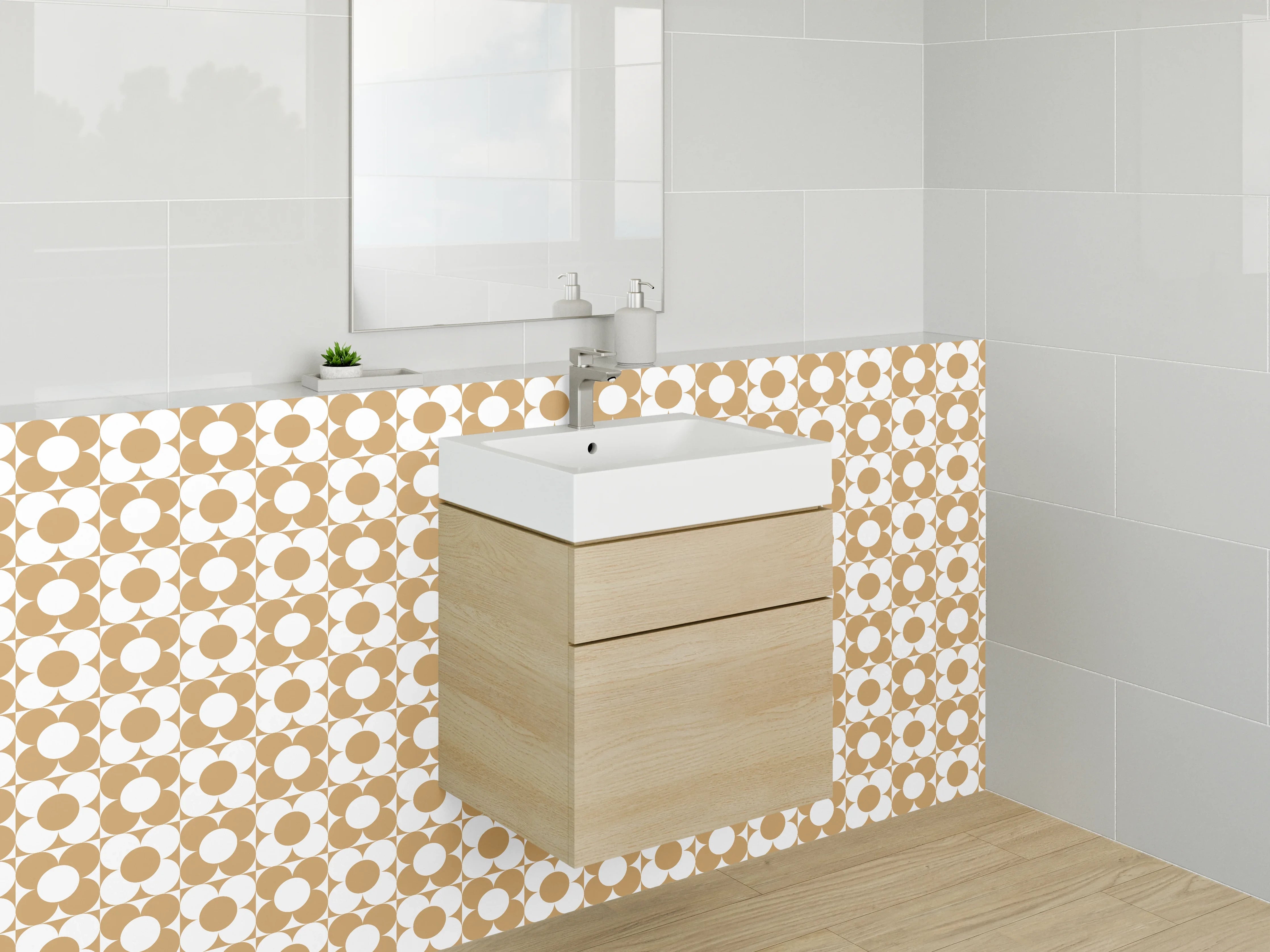 Waschbecken-Rückwand - Retro Kreismuster in Beige und Weiß