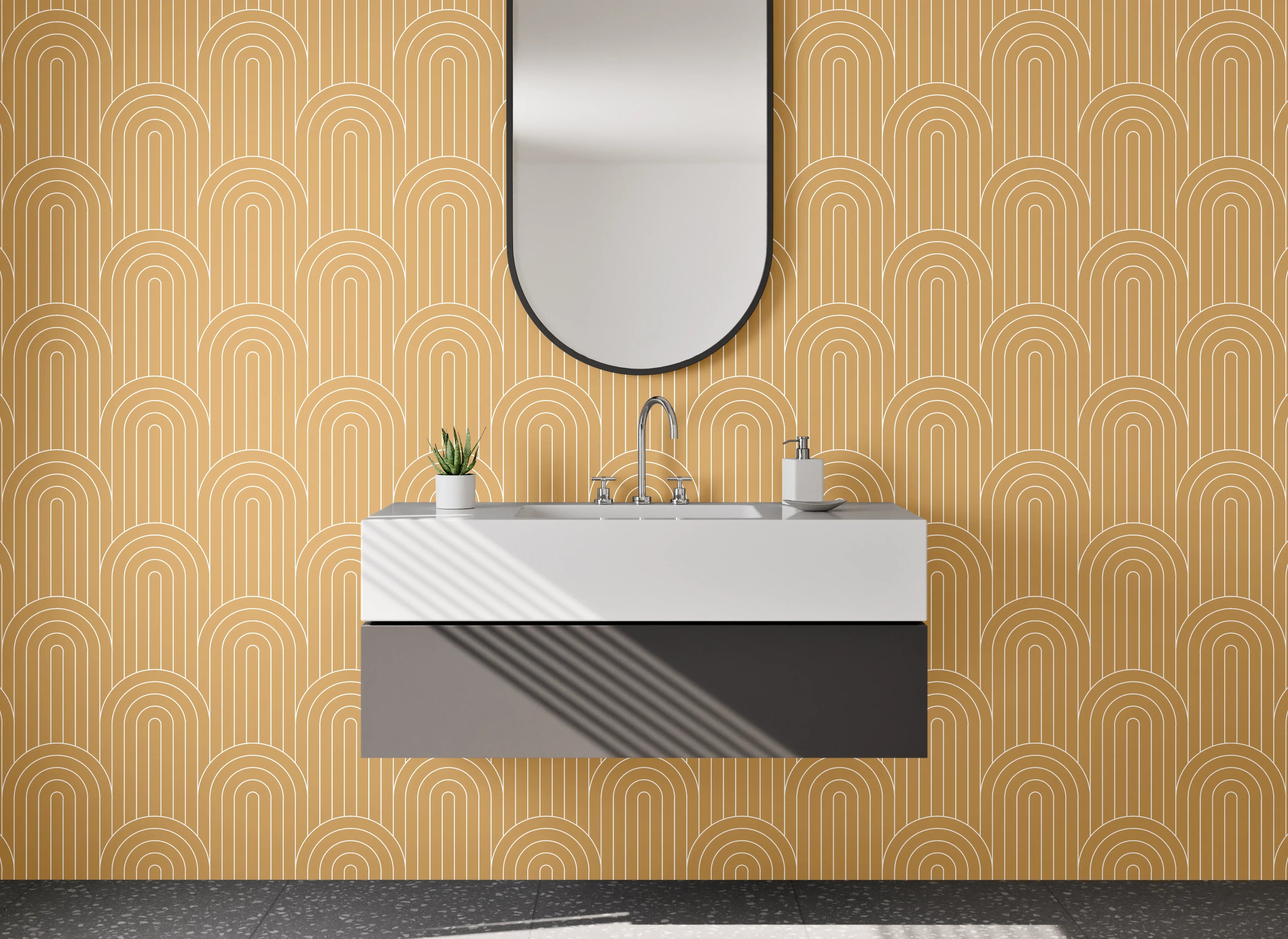 Waschbecken-Rückwand - Retro Muster Beige Geometrisch