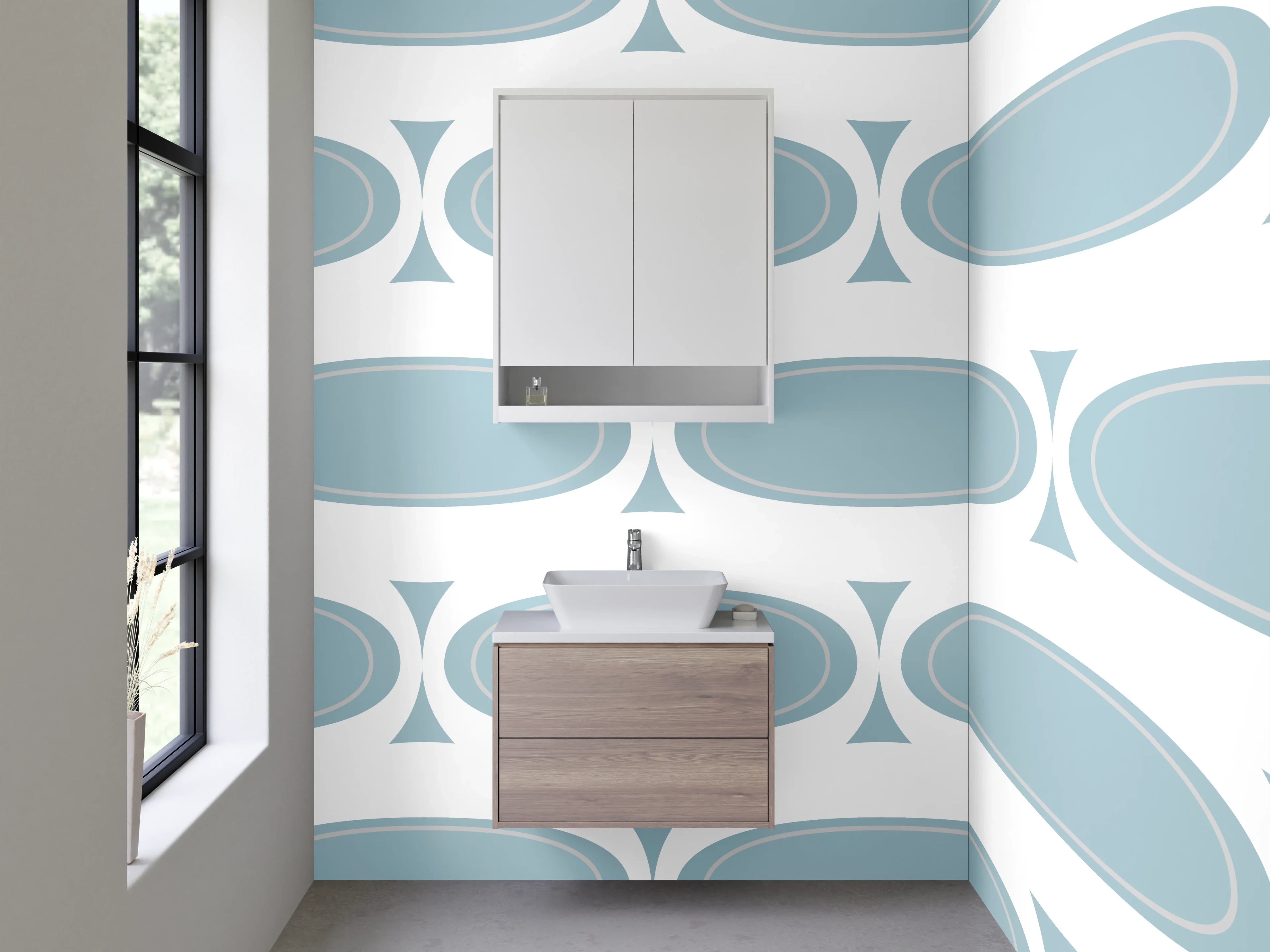 Waschbecken-Rückwand - Retro Muster Blau Weiß Minimalistisch