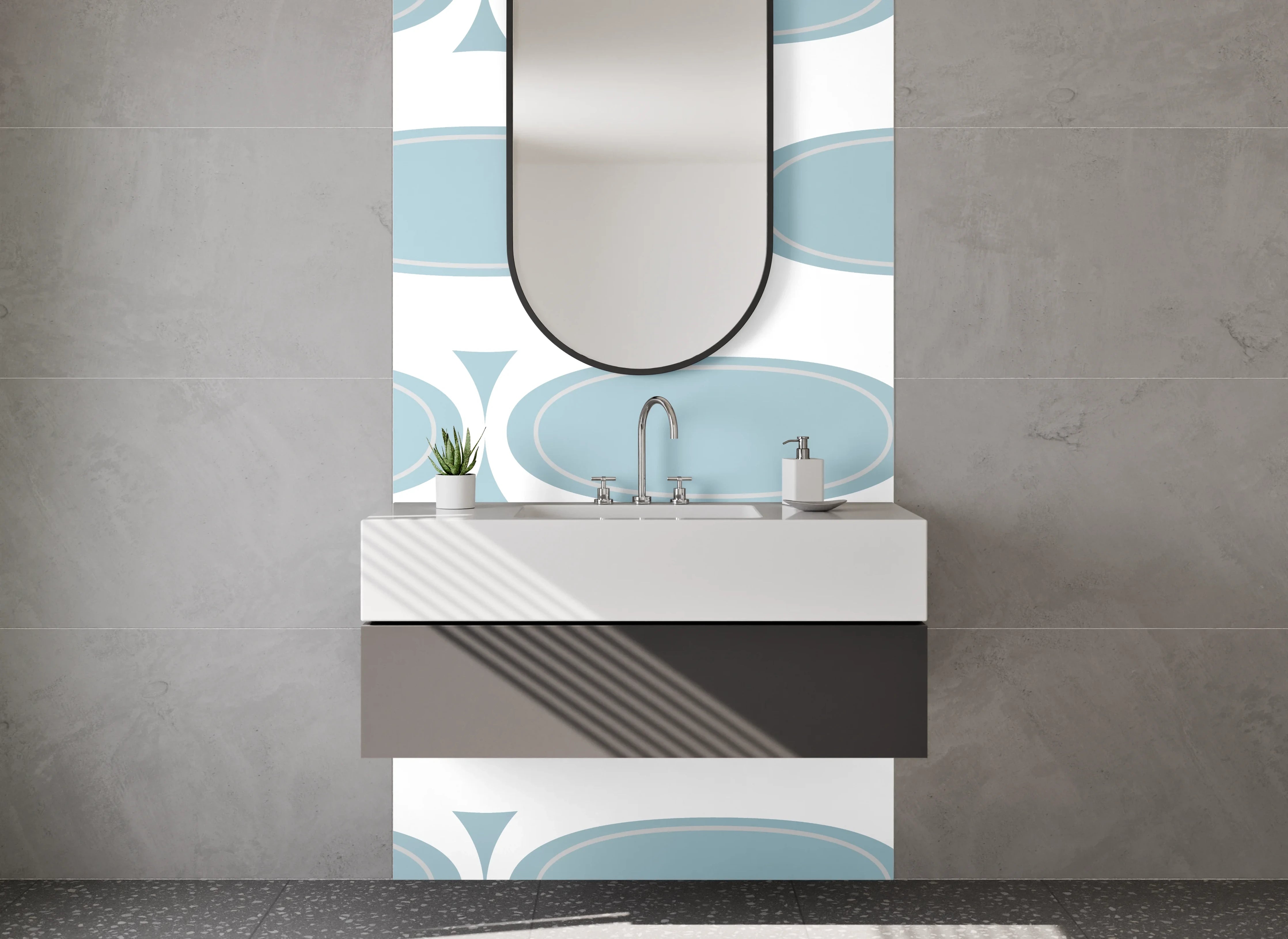 Waschbecken-Rückwand - Retro Muster Blau Weiß Minimalistisch