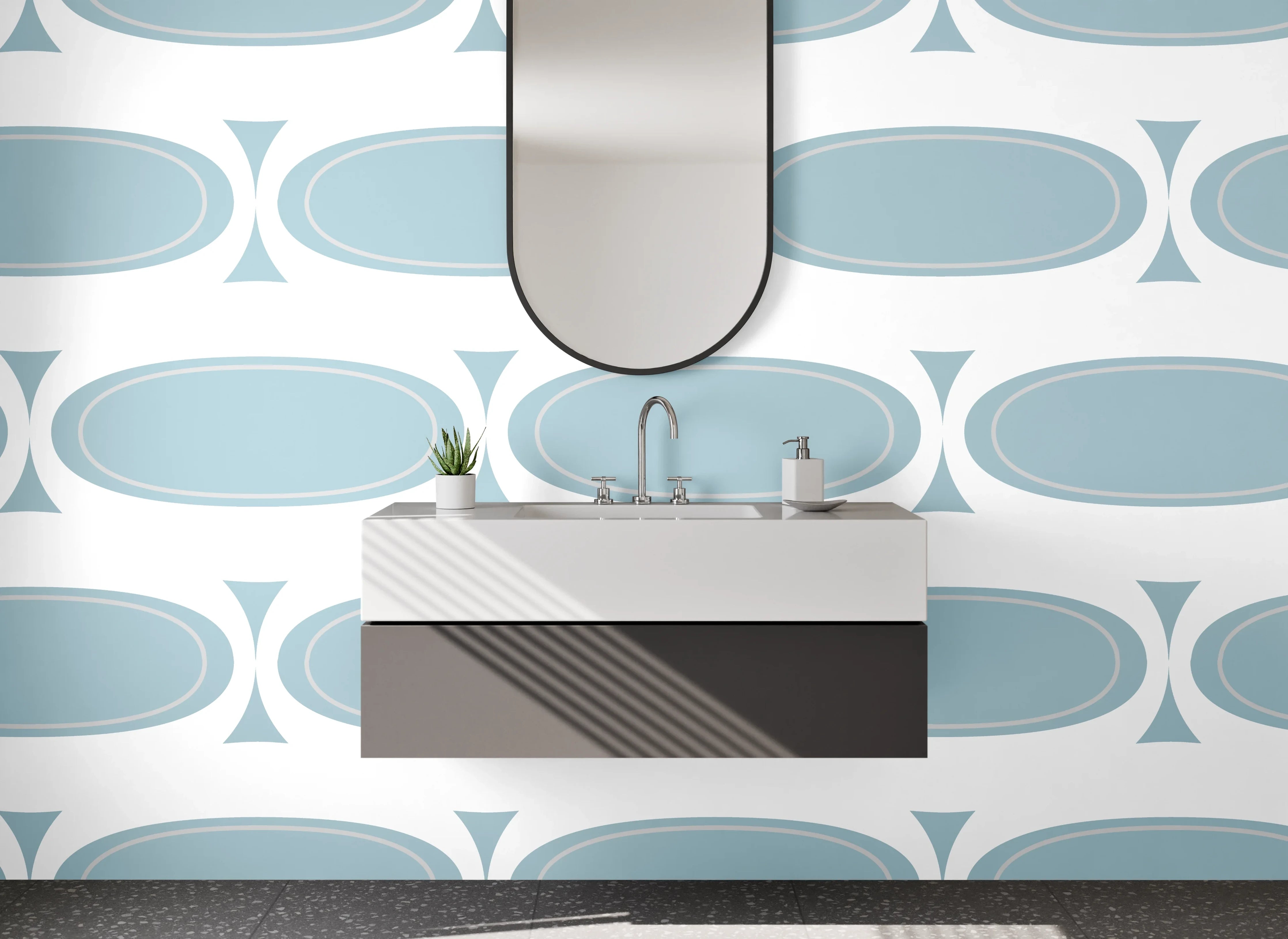 Waschbecken-Rückwand - Retro Muster Blau Weiß Minimalistisch