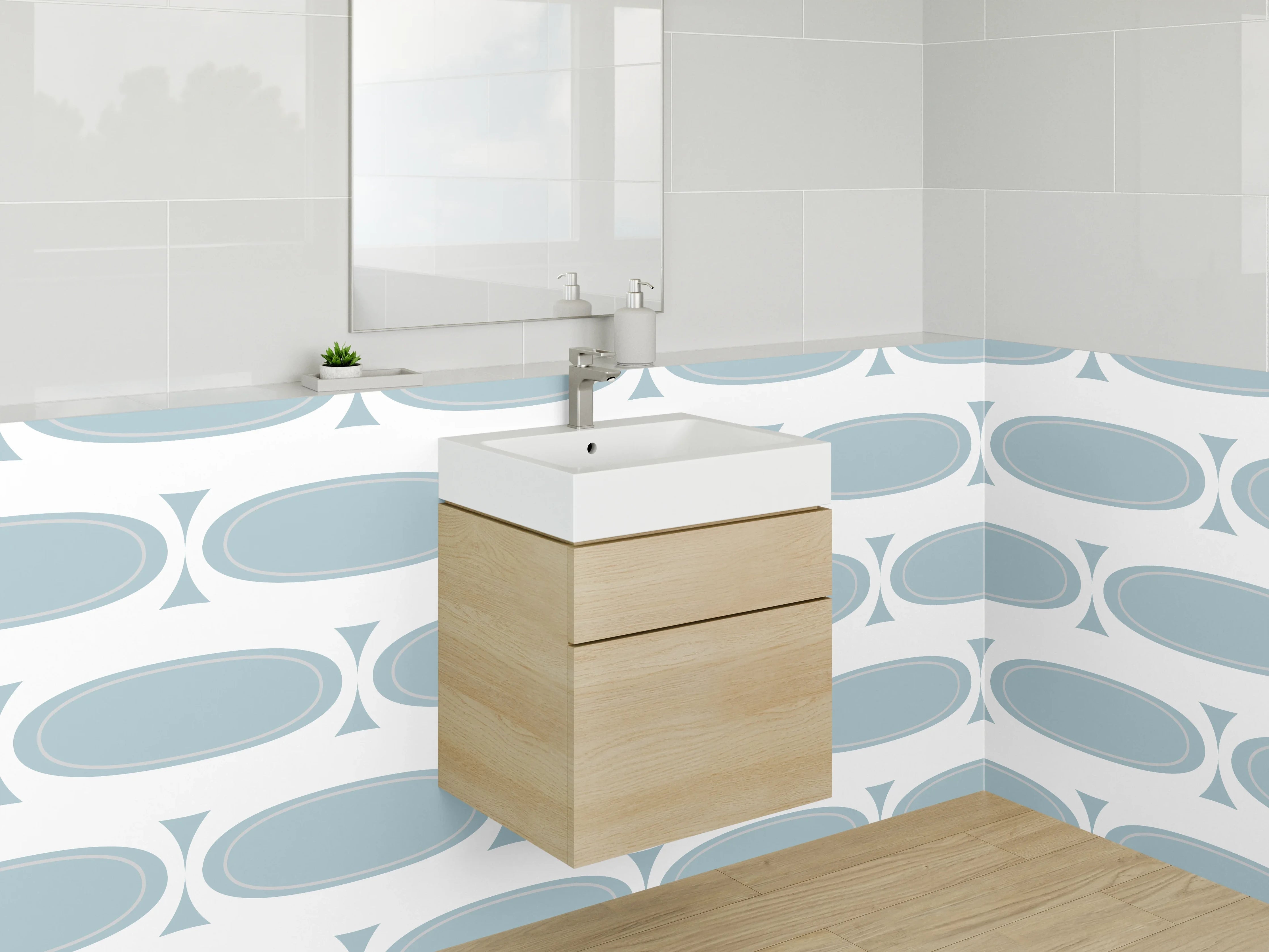 Waschbecken-Rückwand - Retro Muster Blau Weiß Minimalistisch