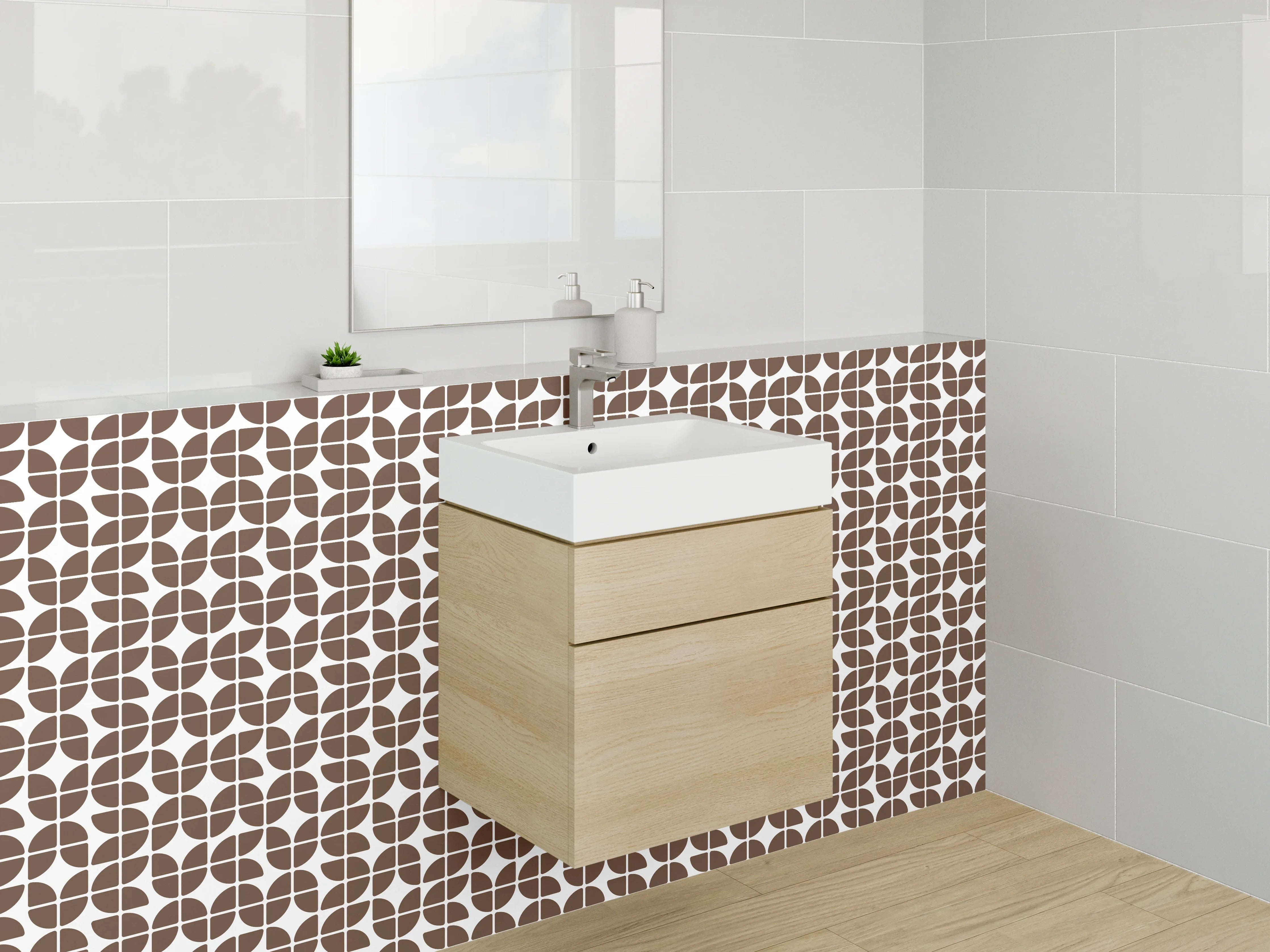 Waschbecken-Rückwand - Retro Muster Braun Weiß Fliesenoptik