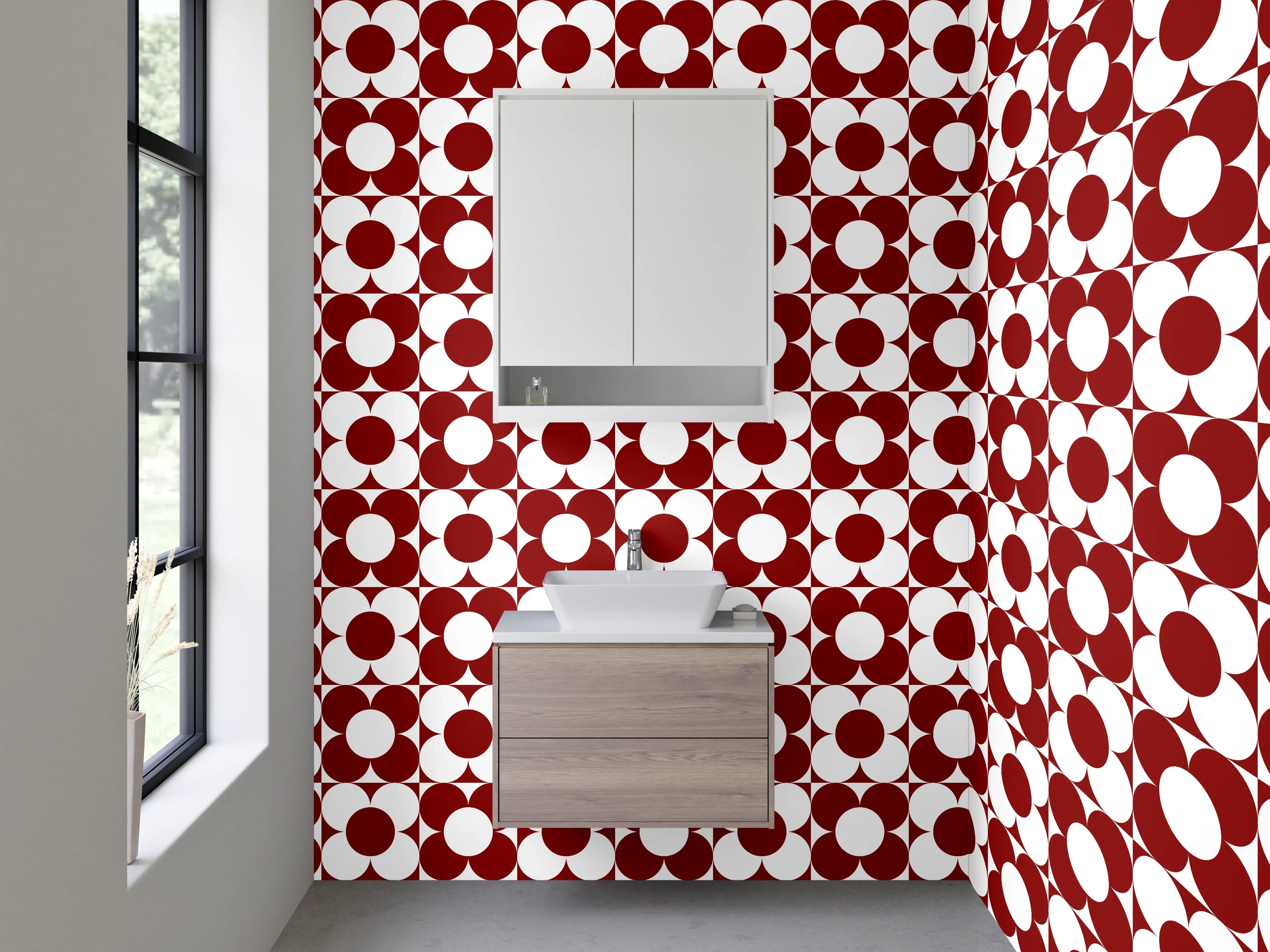 Waschbecken-Rückwand - Retro Muster Rot-Weiß