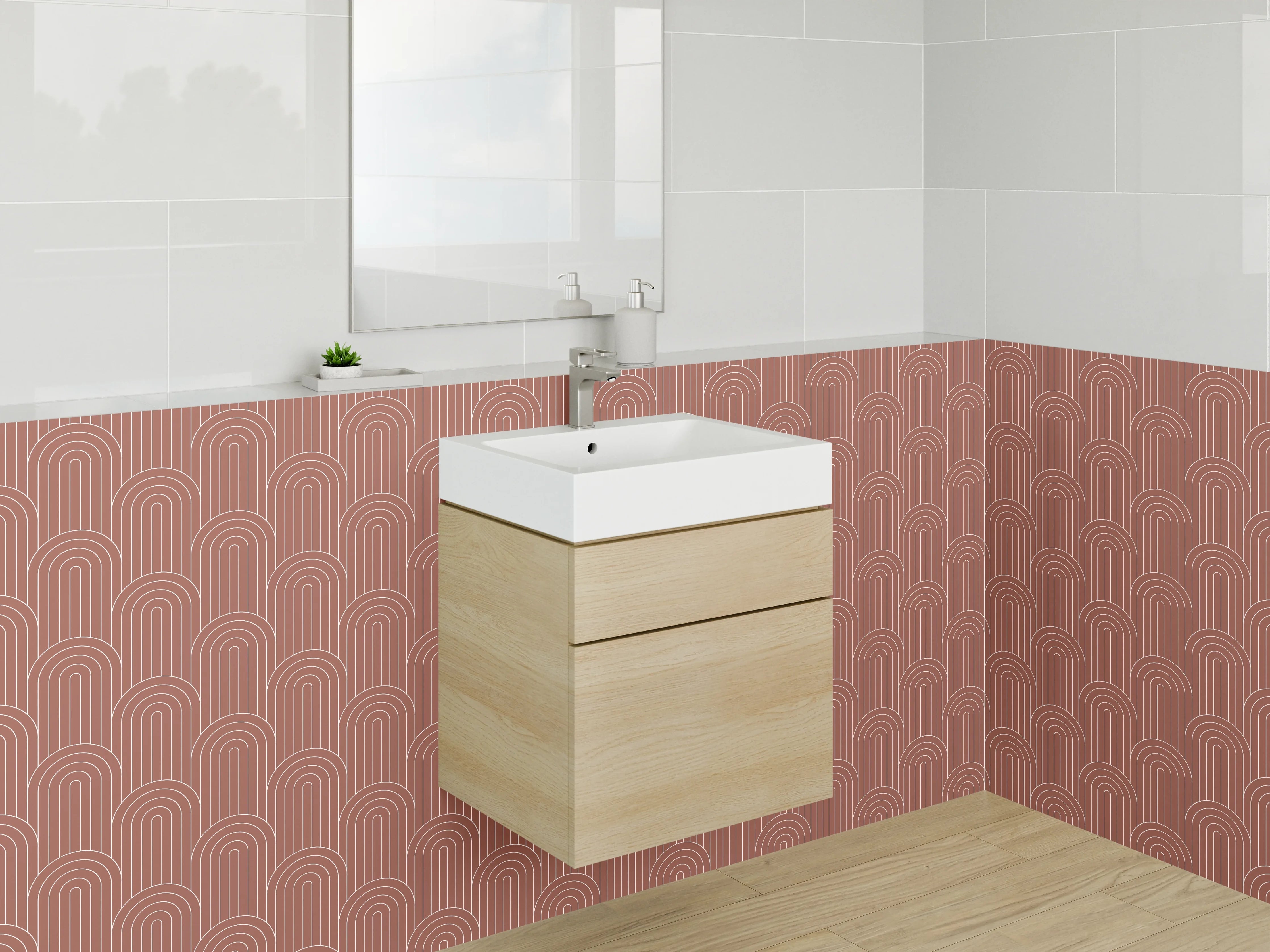 Waschbecken-Rückwand - Retro Muster Terrakotta Linien Design