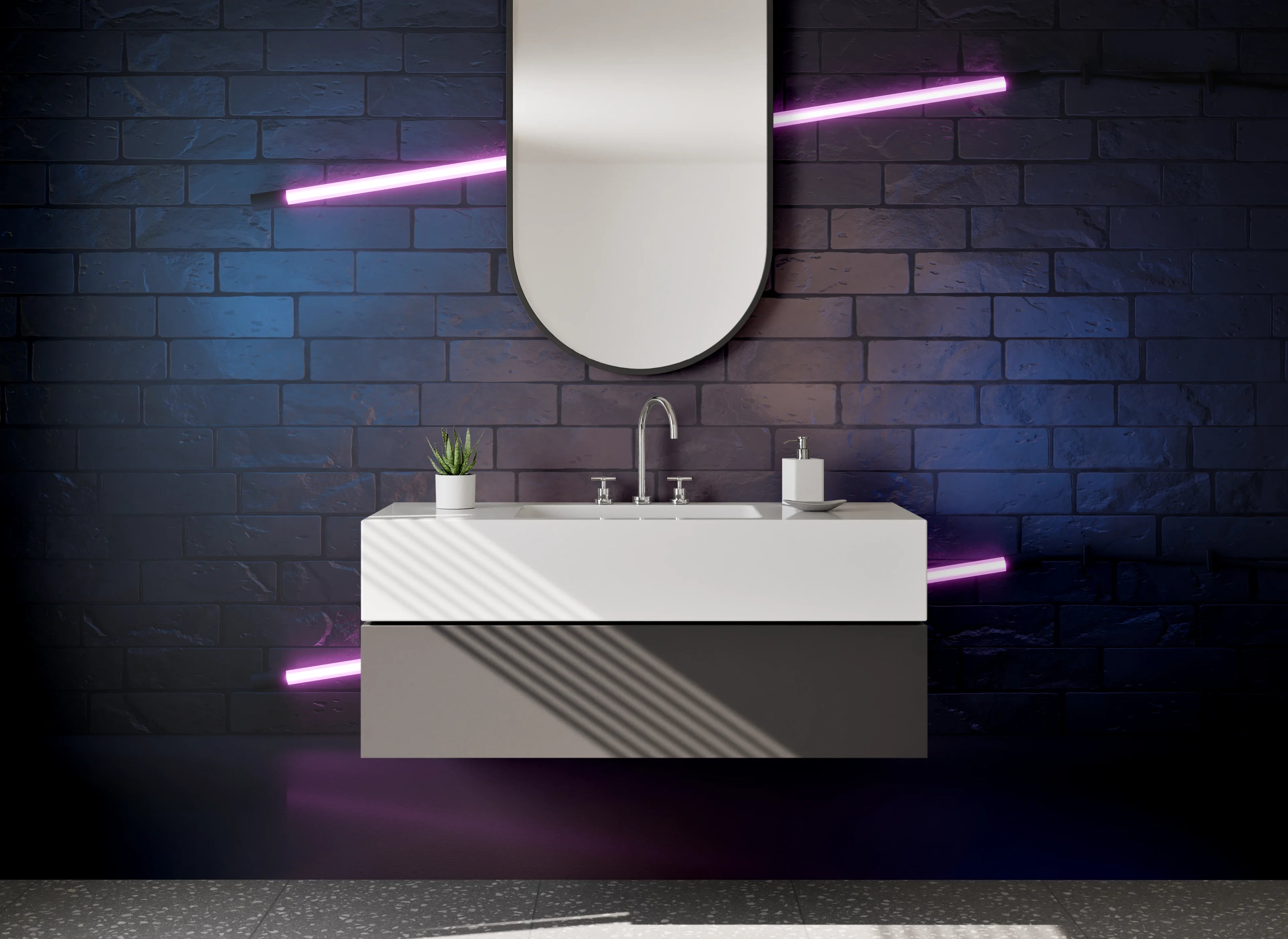 Waschbecken-Rückwand - Retro Neon Licht auf Ziegelwand