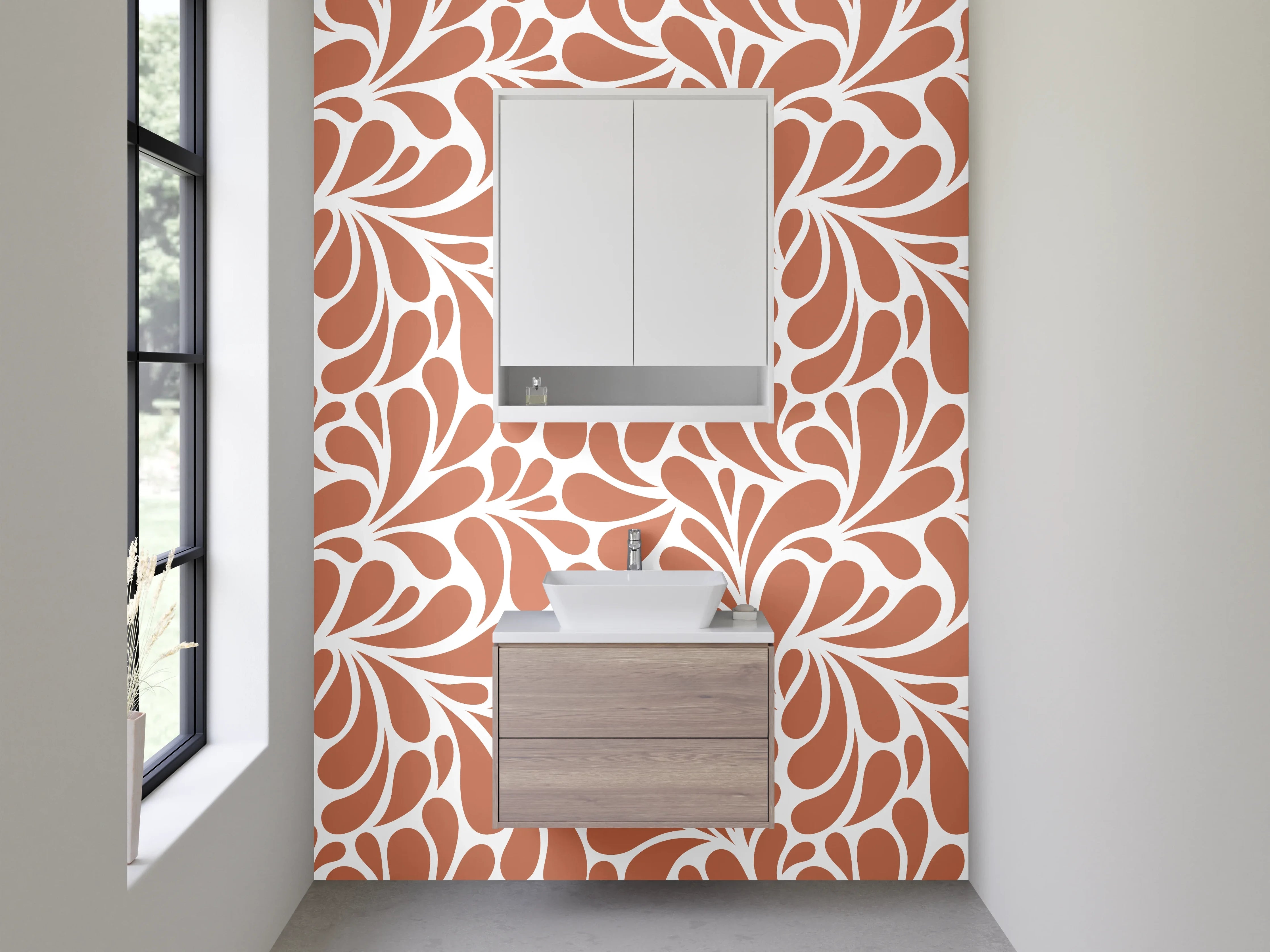 Waschbecken-Rückwand - Retro Ornament Fliesenmuster Orange Weiß