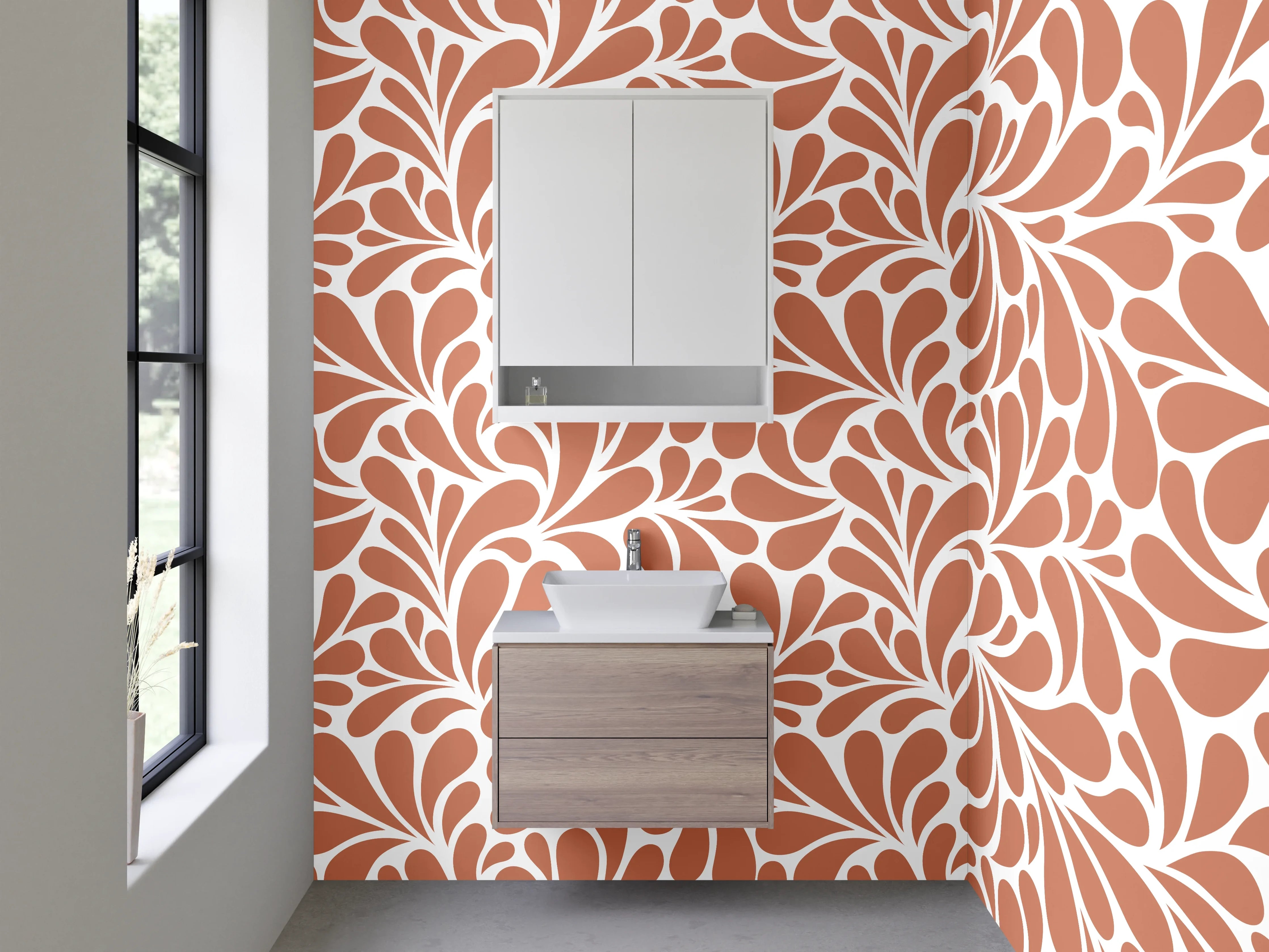 Waschbecken-Rückwand - Retro Ornament Fliesenmuster Orange Weiß