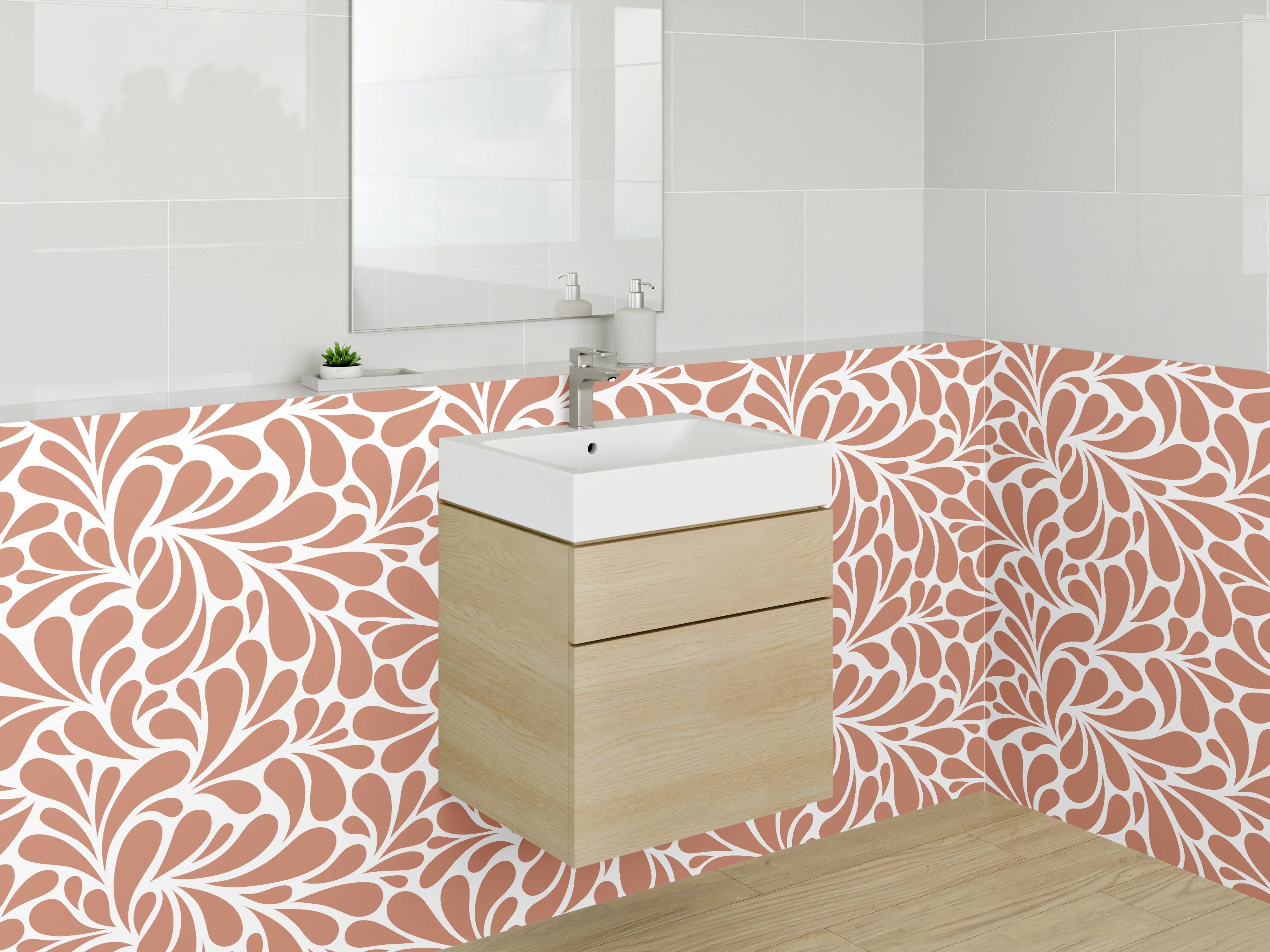Waschbecken-Rückwand - Retro Ornament Fliesenmuster Orange Weiß