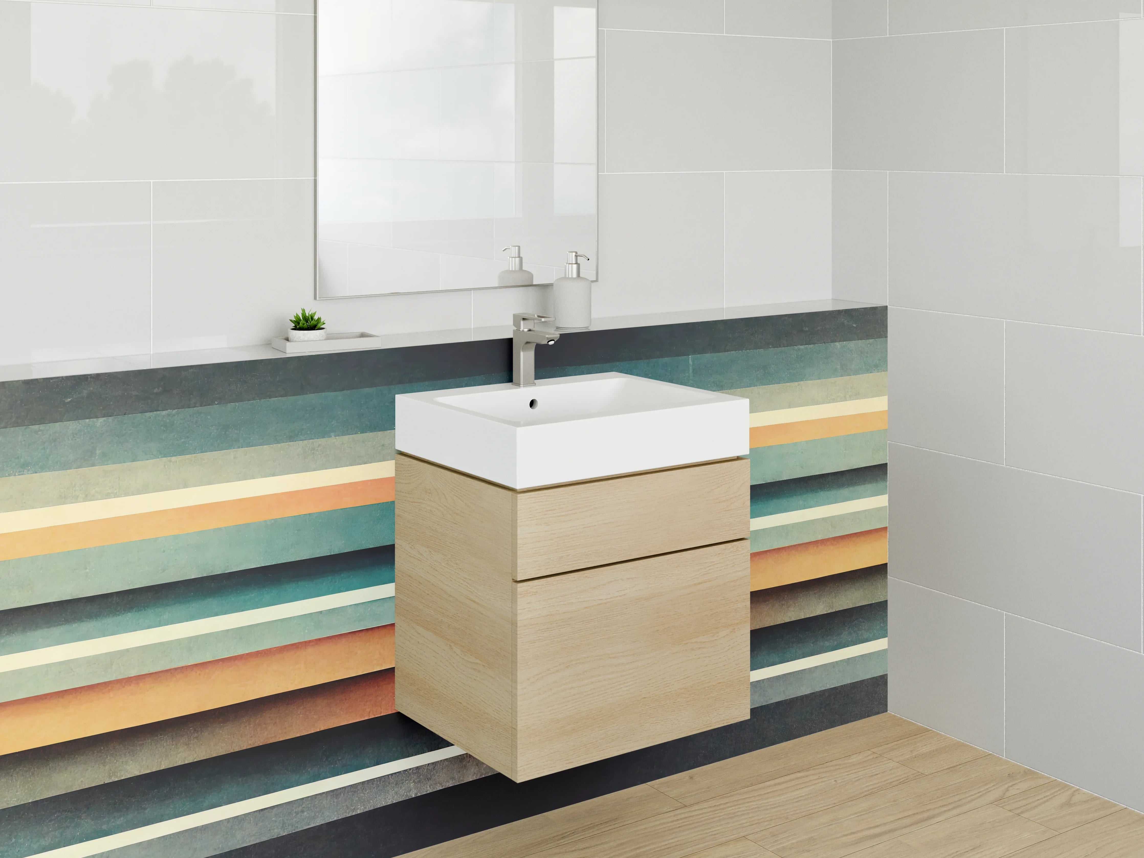 Waschbecken-Rückwand - Retro Streifen Abstrakt Blau Orange