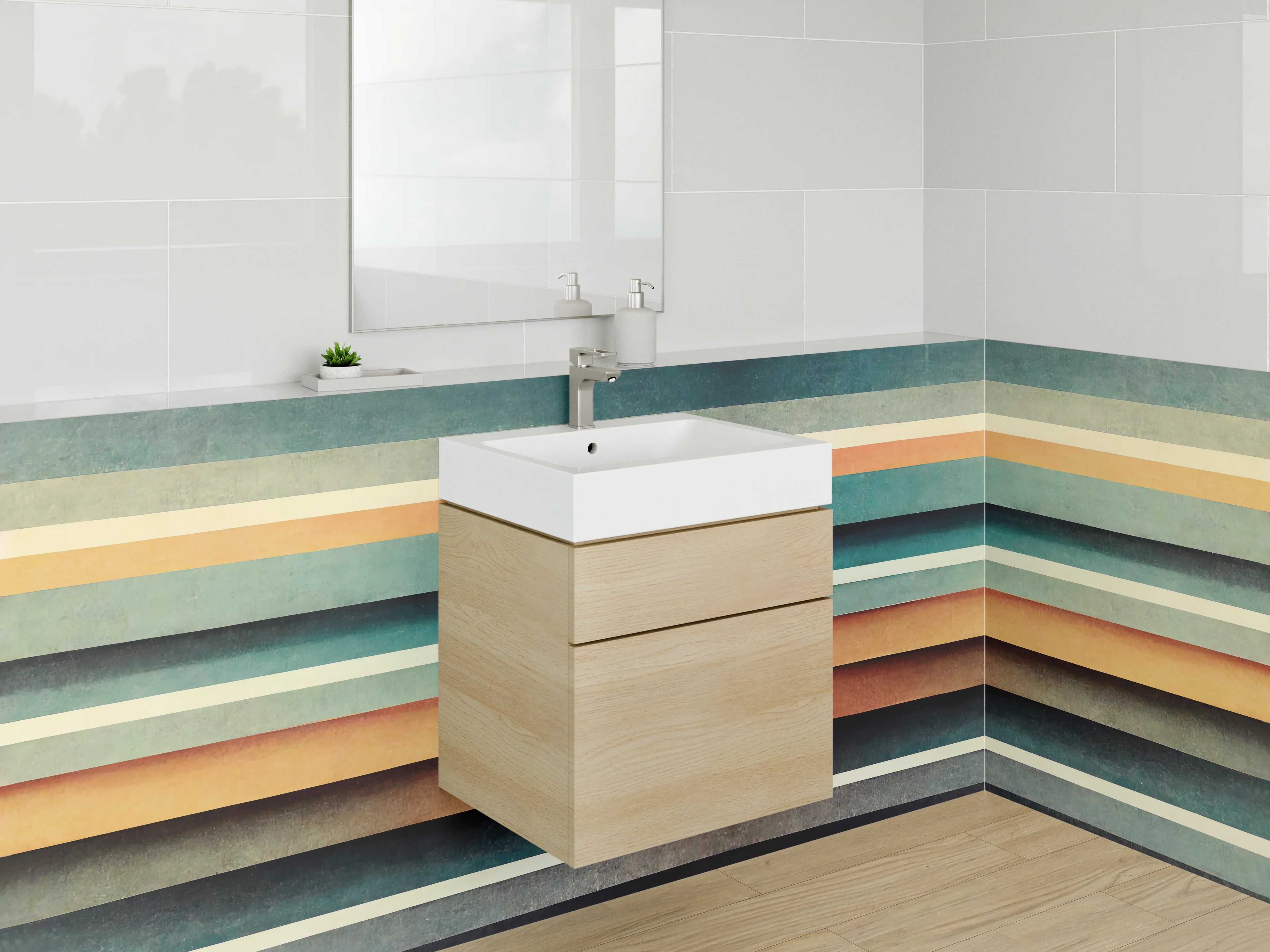 Waschbecken-Rückwand - Retro Streifen Abstrakt Blau Orange
