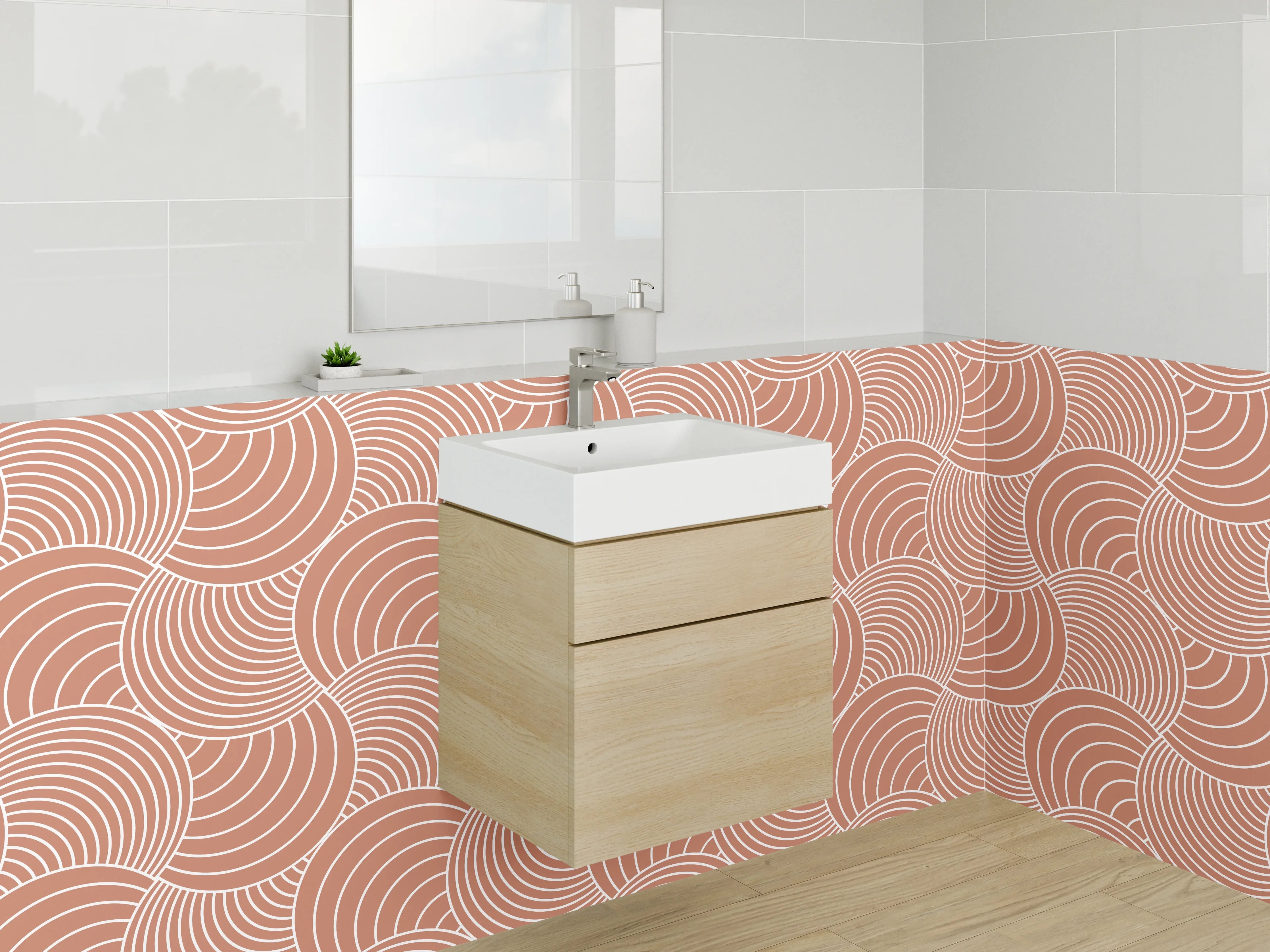 Waschbecken-Rückwand - Retro Wellenmuster Beige Rosa