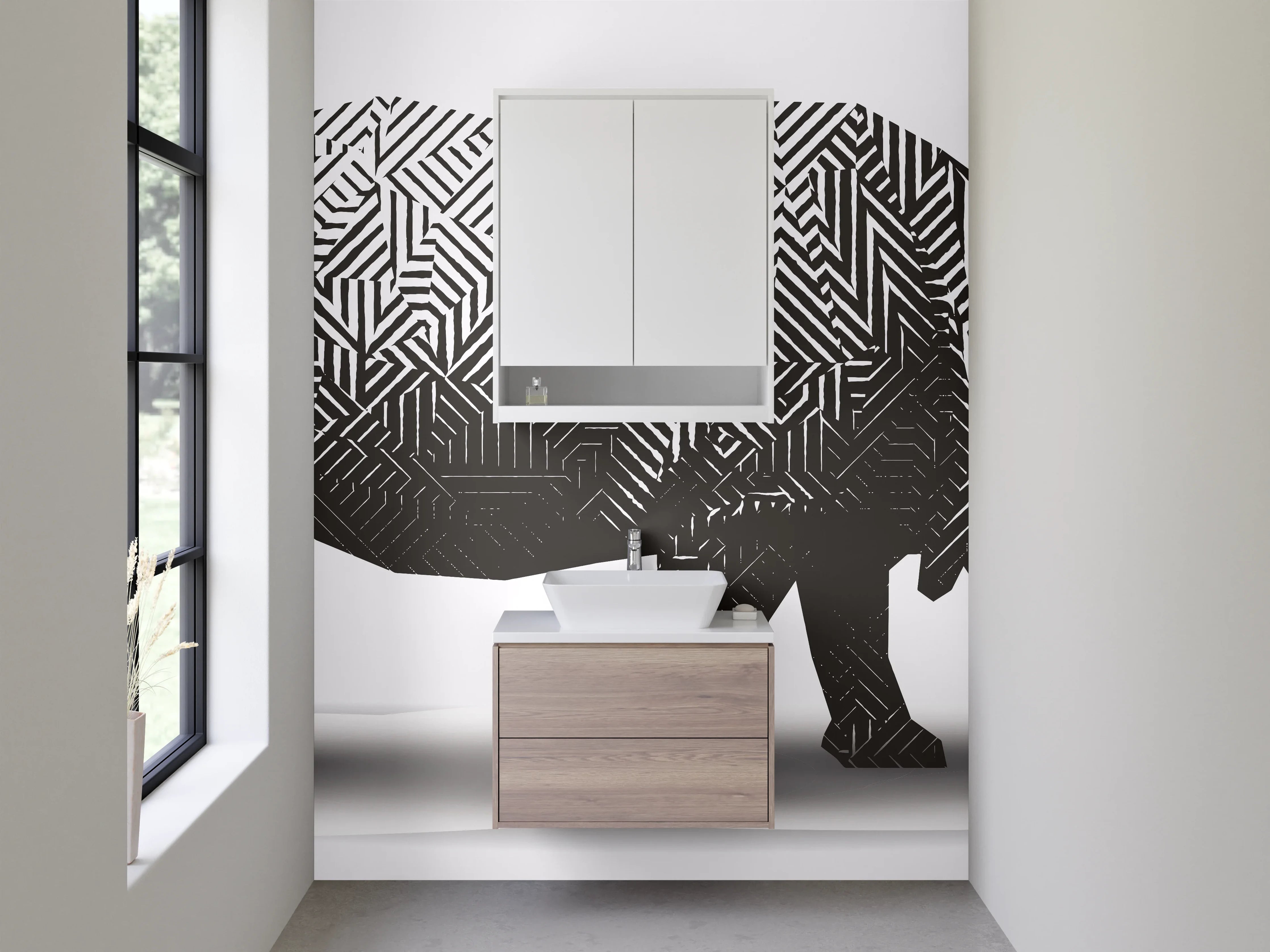 Waschbecken-Rückwand - Rhino mit Labyrinth-Muster schwarz-weiß