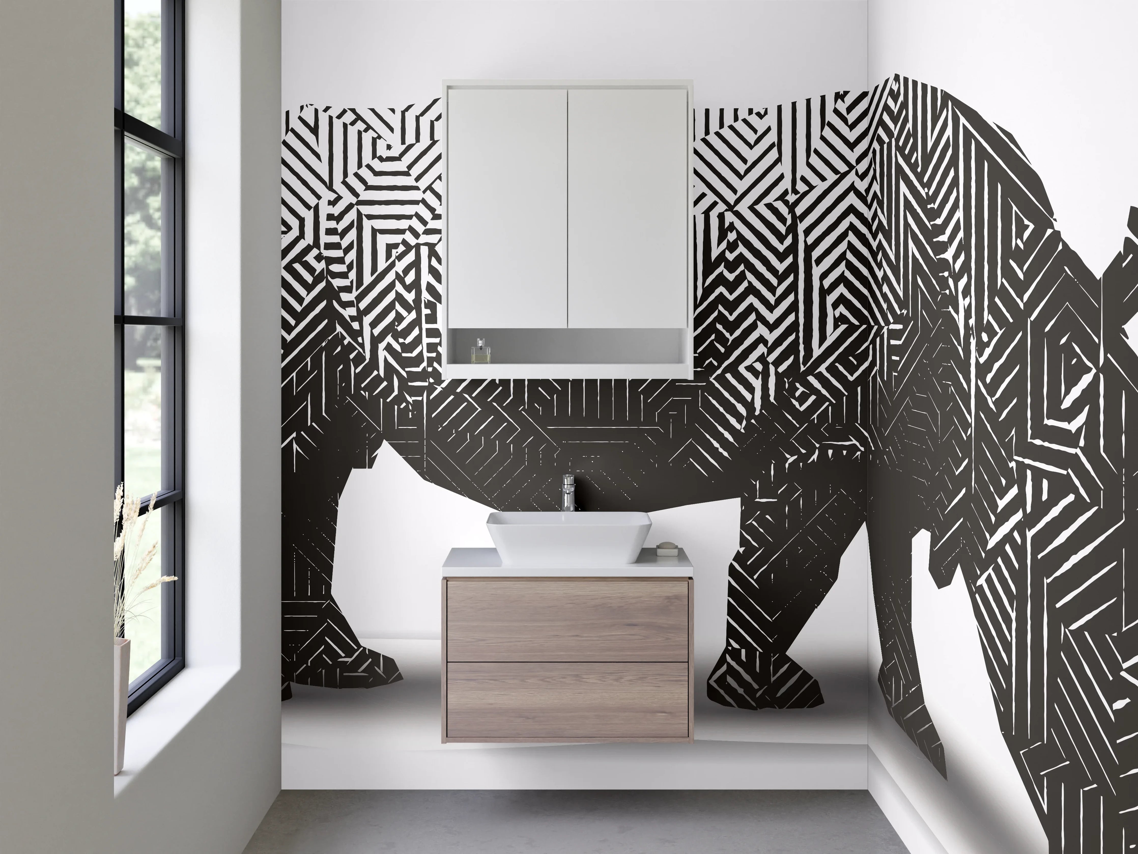 Waschbecken-Rückwand - Rhino mit Labyrinth-Muster schwarz-weiß