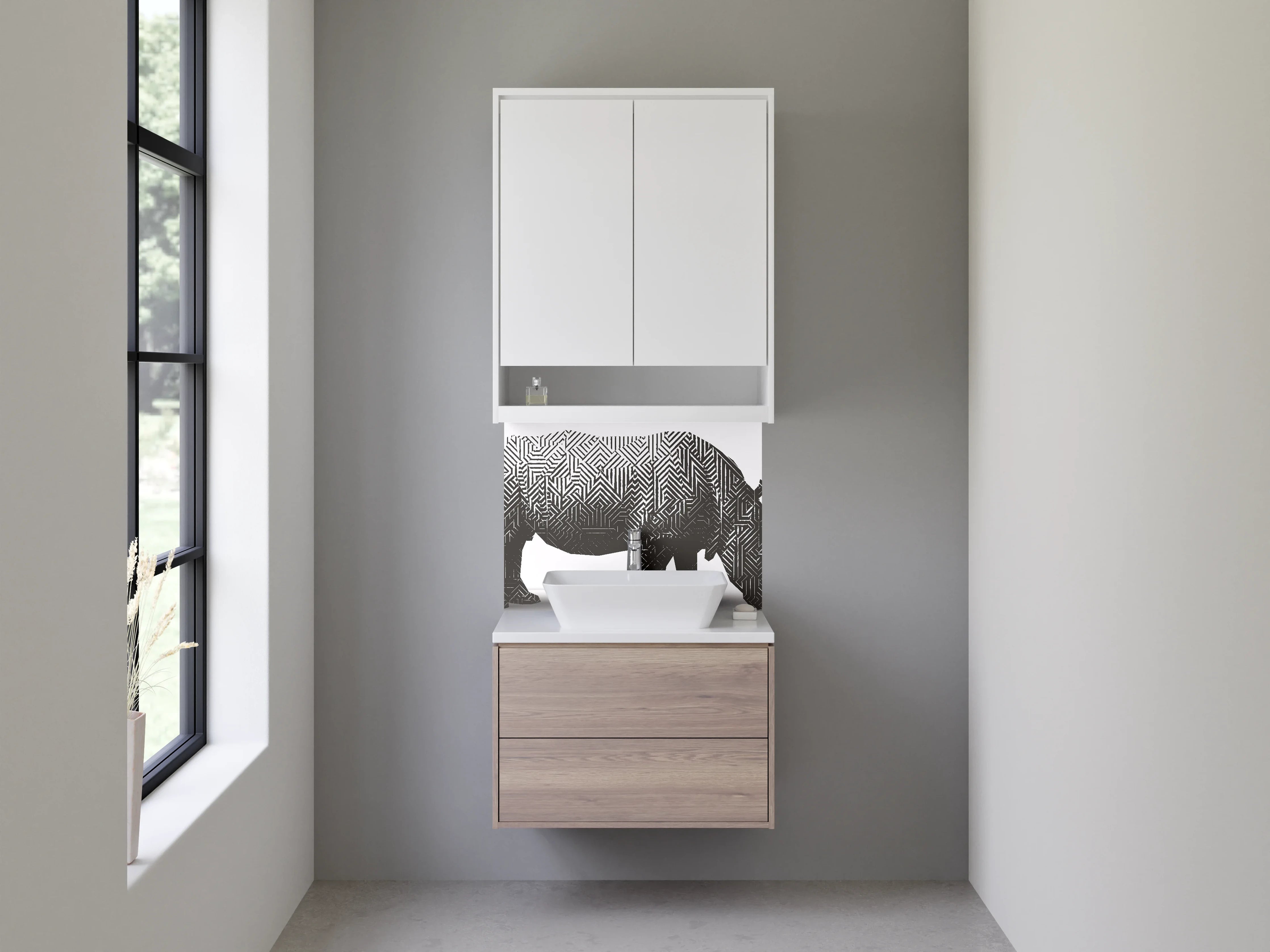 Waschbecken-Rückwand - Rhino mit Labyrinth-Muster schwarz-weiß