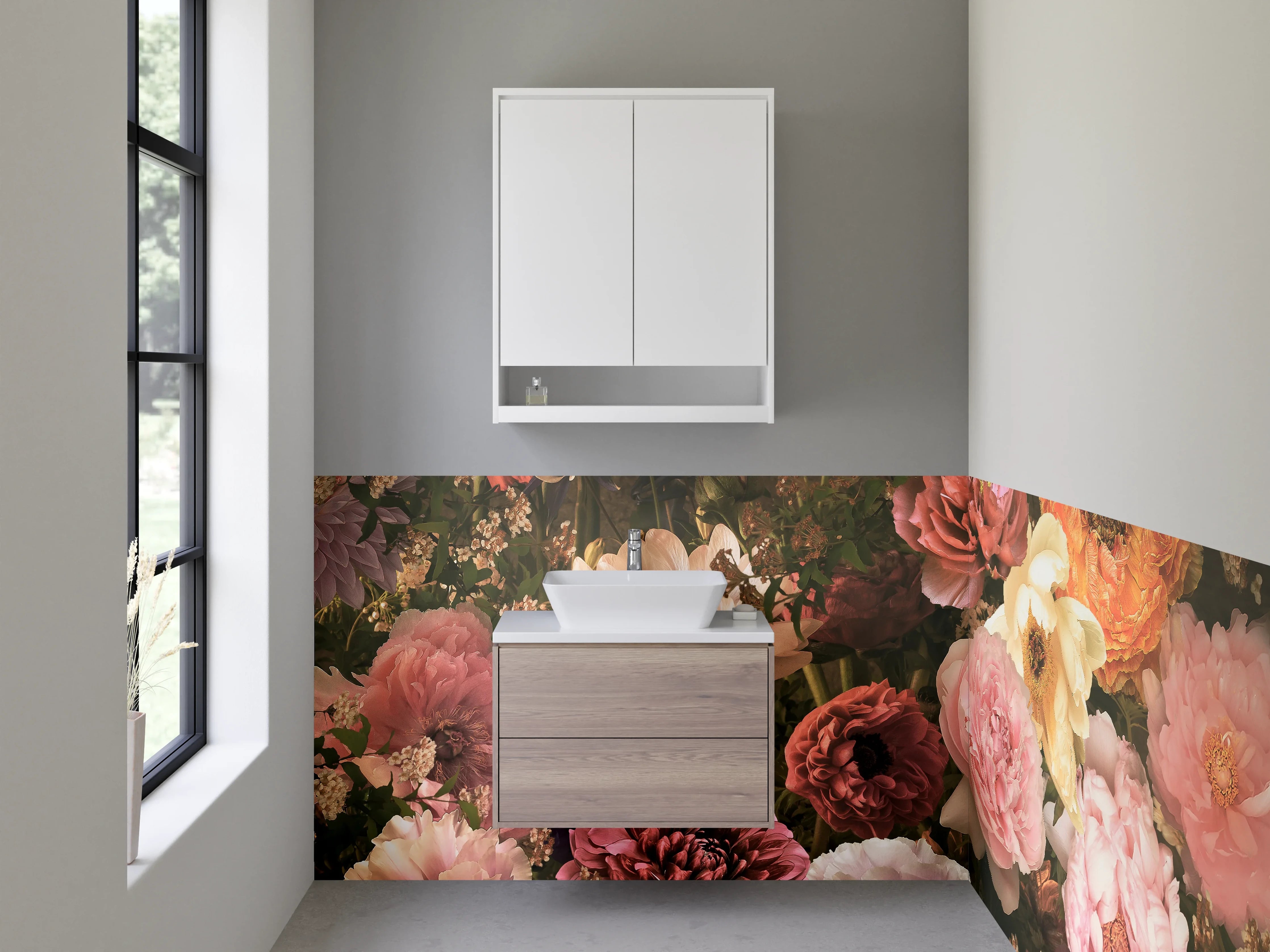 Waschbecken-Rückwand - Romantische Blumenpracht auf dunklem Grund