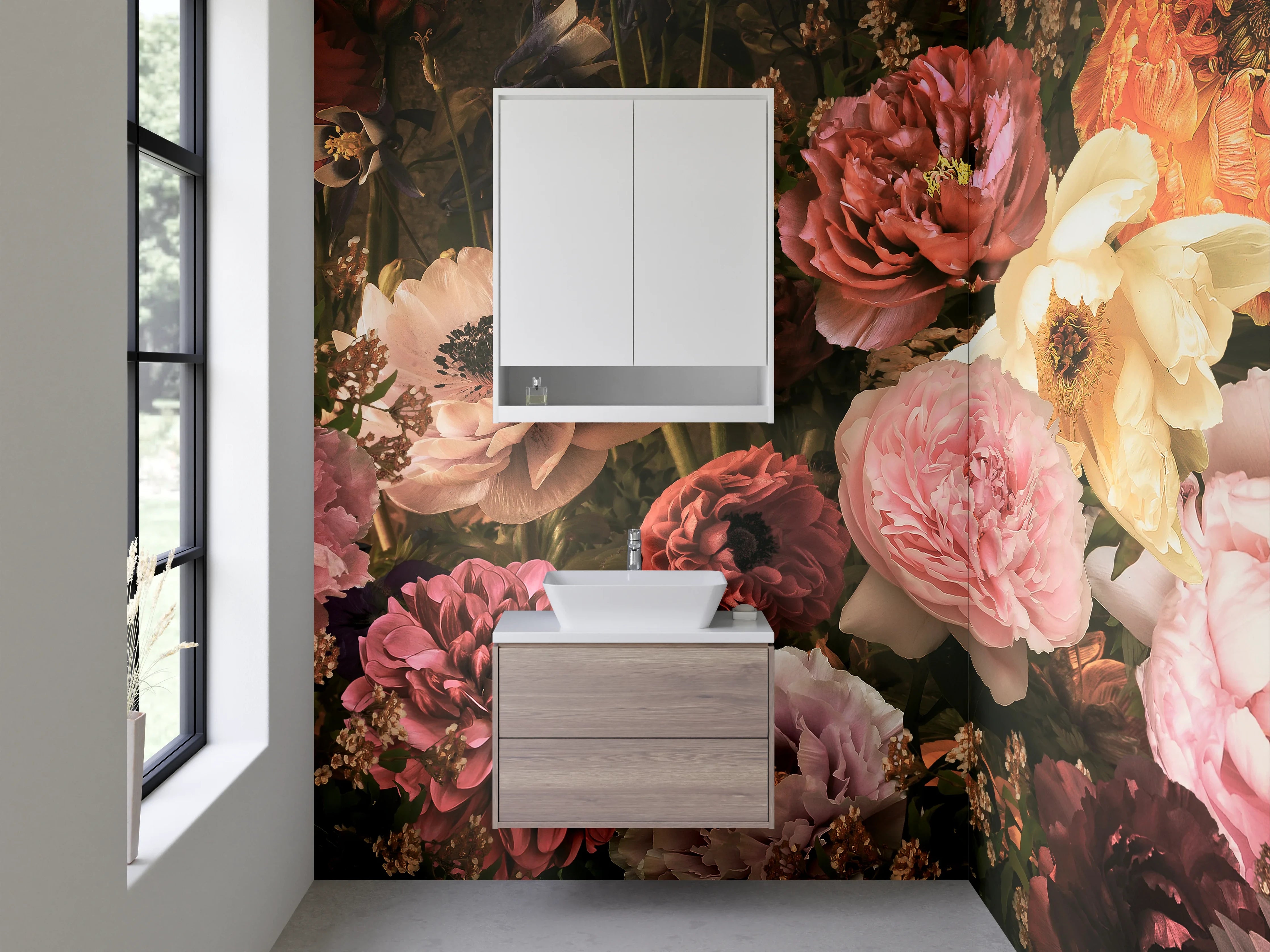 Waschbecken-Rückwand - Romantische Blumenpracht auf dunklem Grund