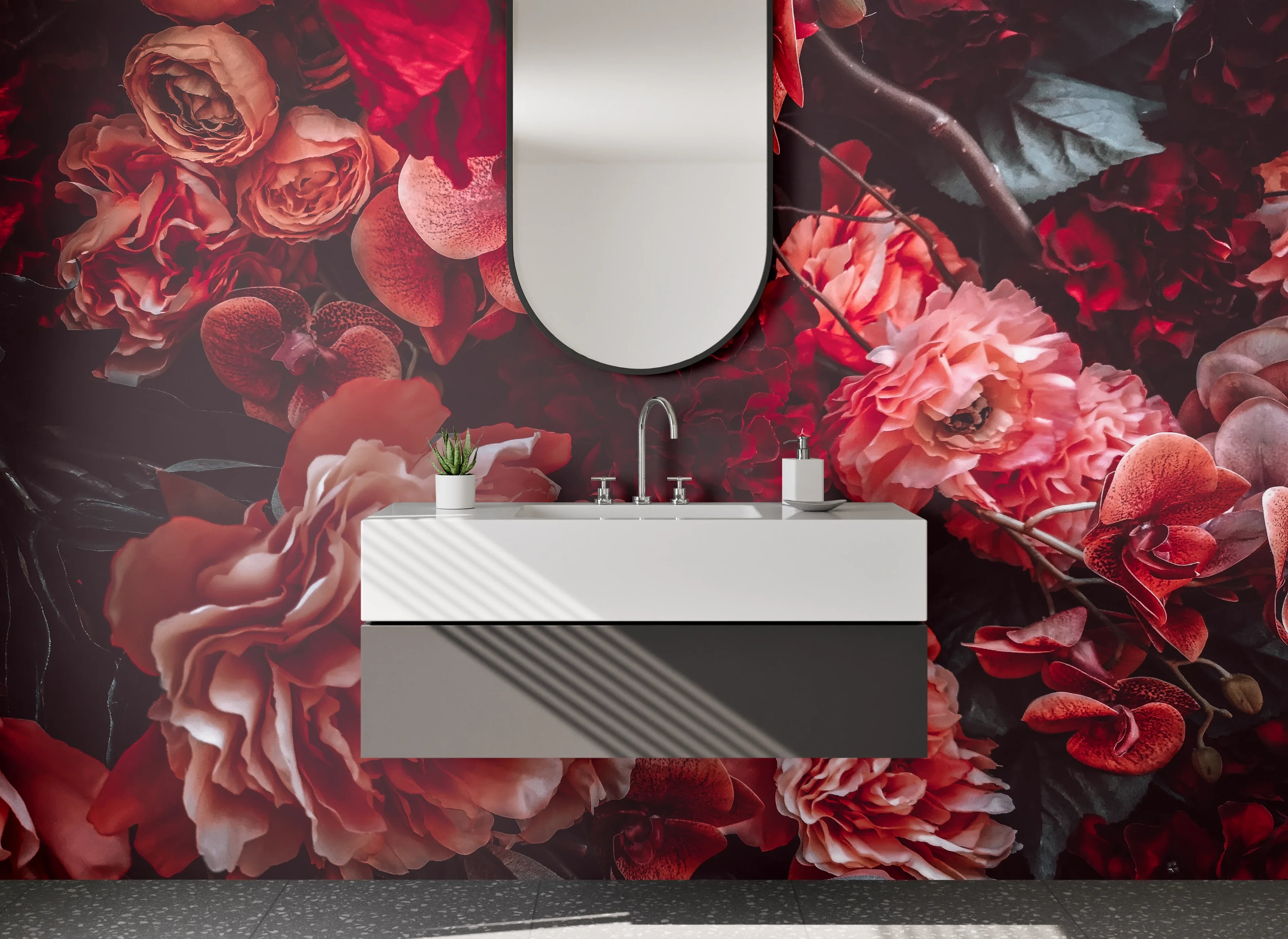 Waschbecken-Rückwand - Romantische Blumenpracht in Rosa und Rot