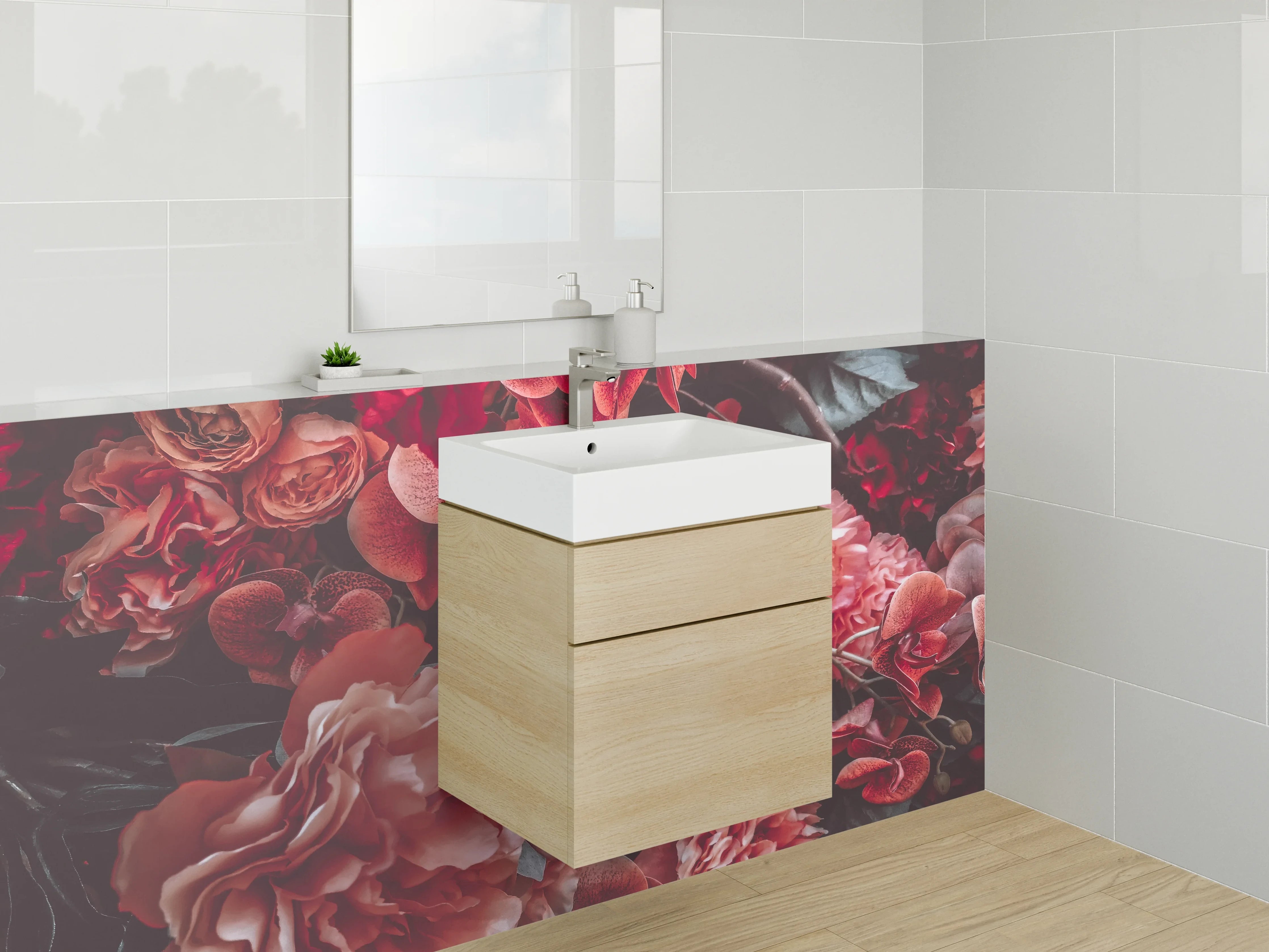 Waschbecken-Rückwand - Romantische Blumenpracht in Rosa und Rot