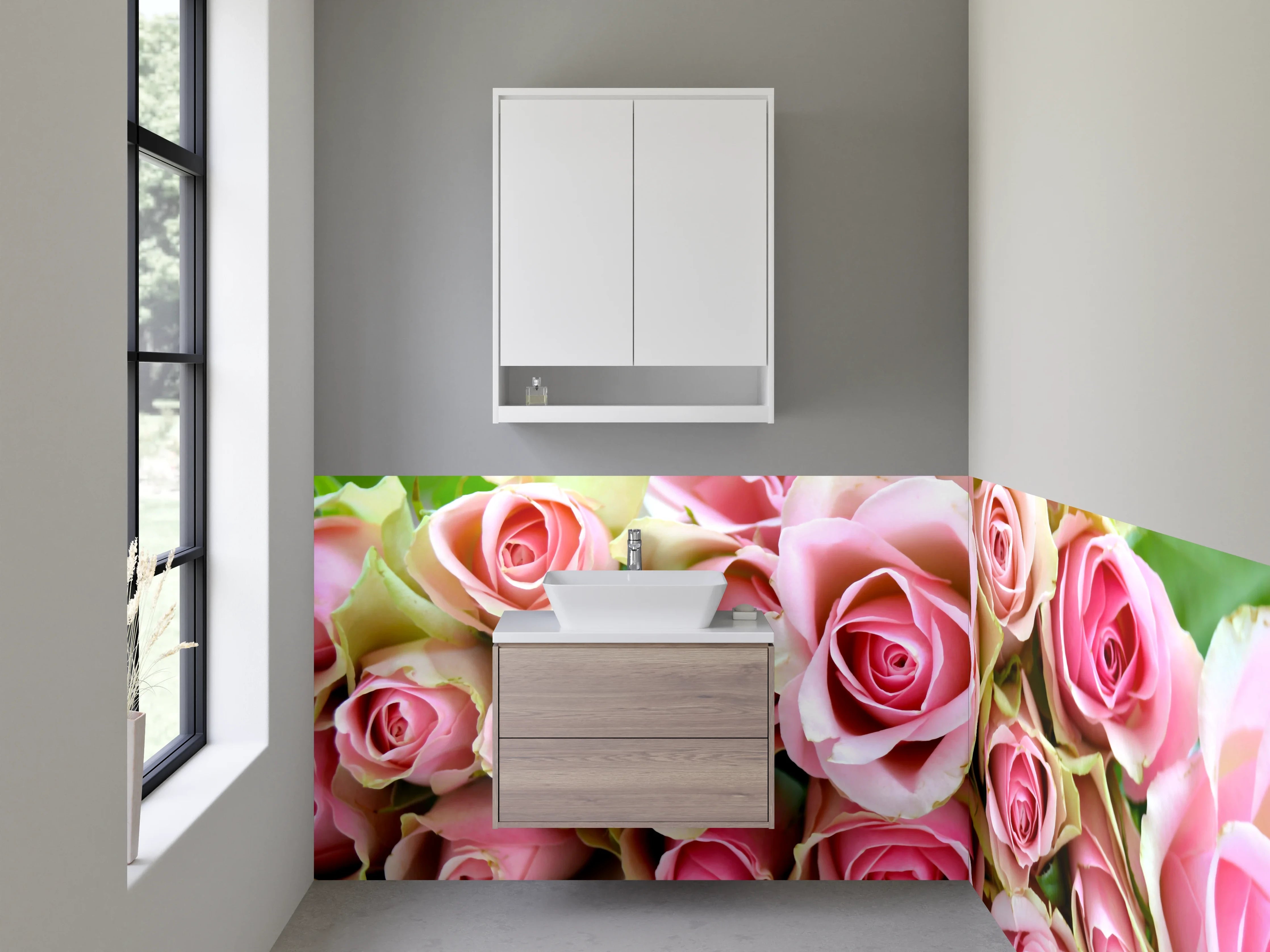 Waschbecken-Rückwand - Romantische Rosenblüten – Rosa & Grün