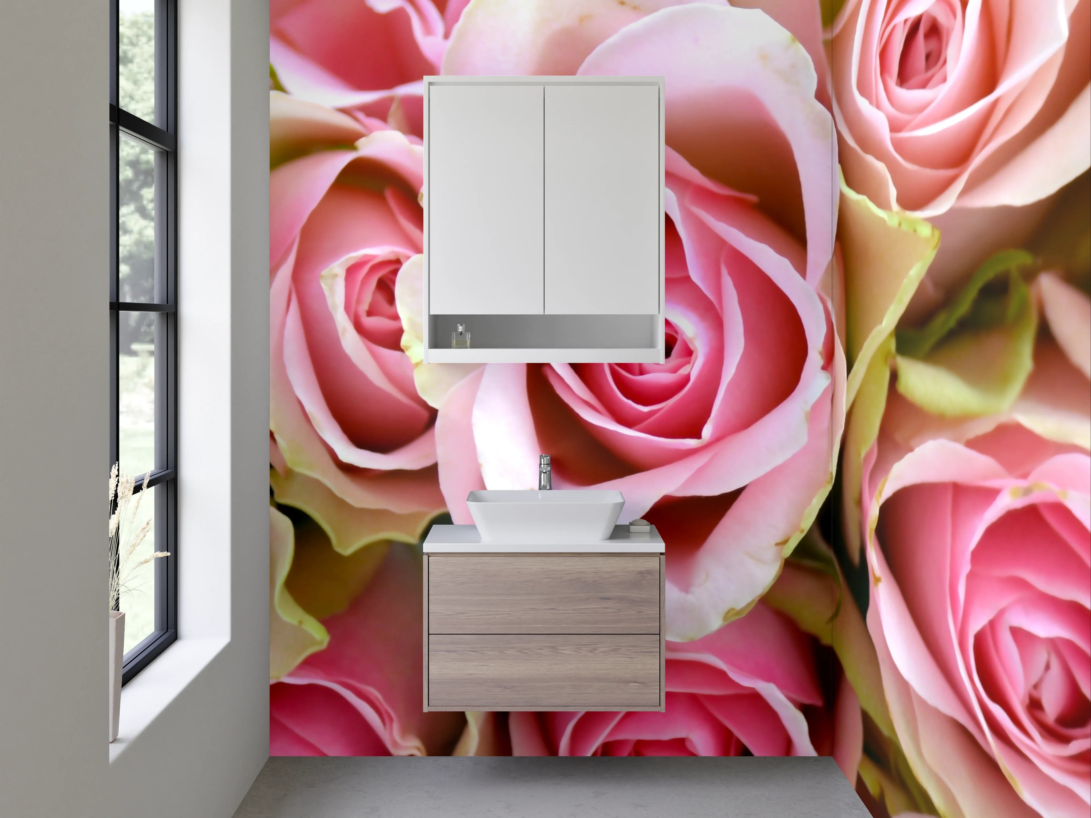 Waschbecken-Rückwand - Romantische Rosenblüten – Rosa & Grün