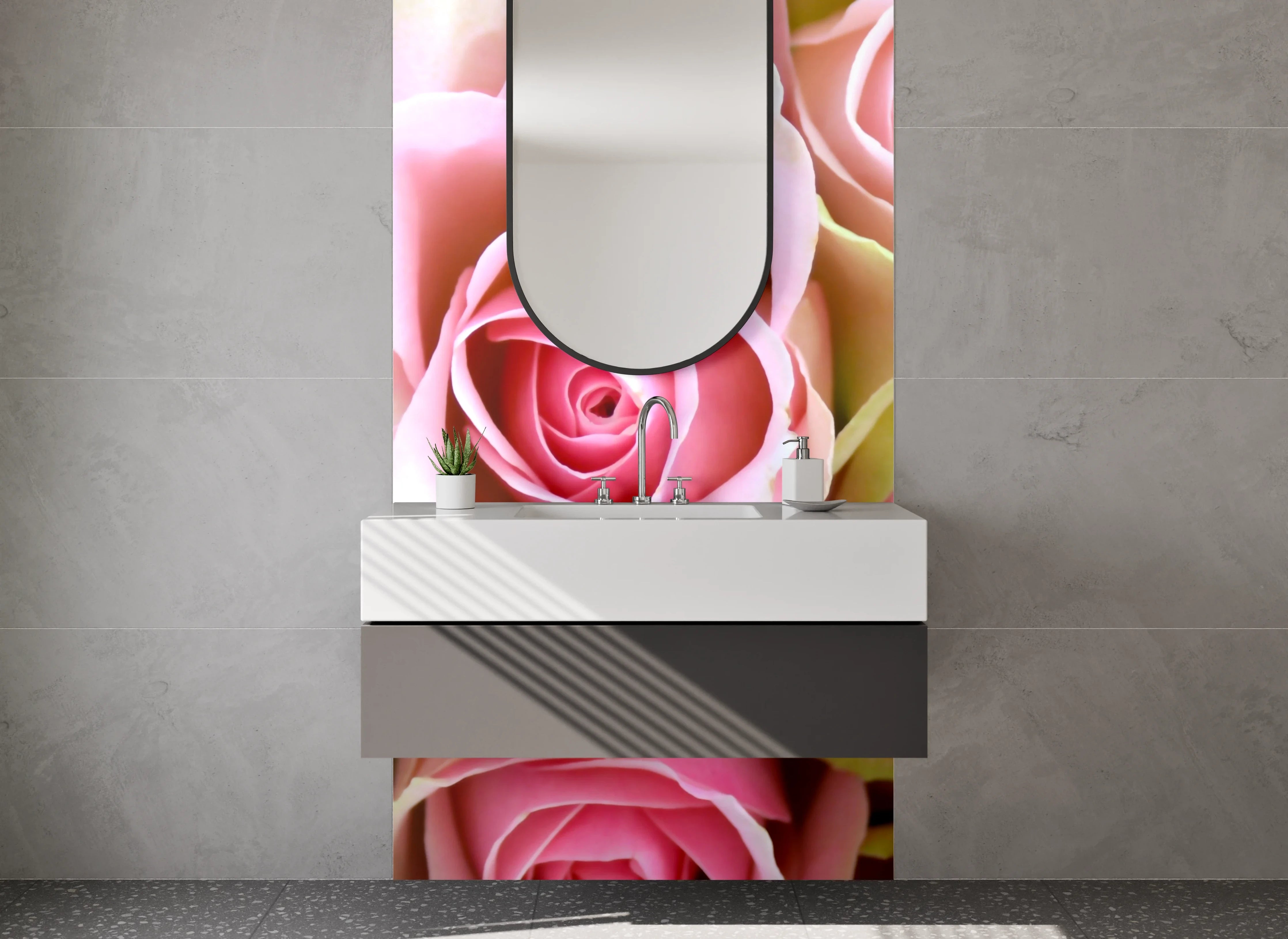 Waschbecken-Rückwand - Romantische Rosenblüten – Rosa & Grün