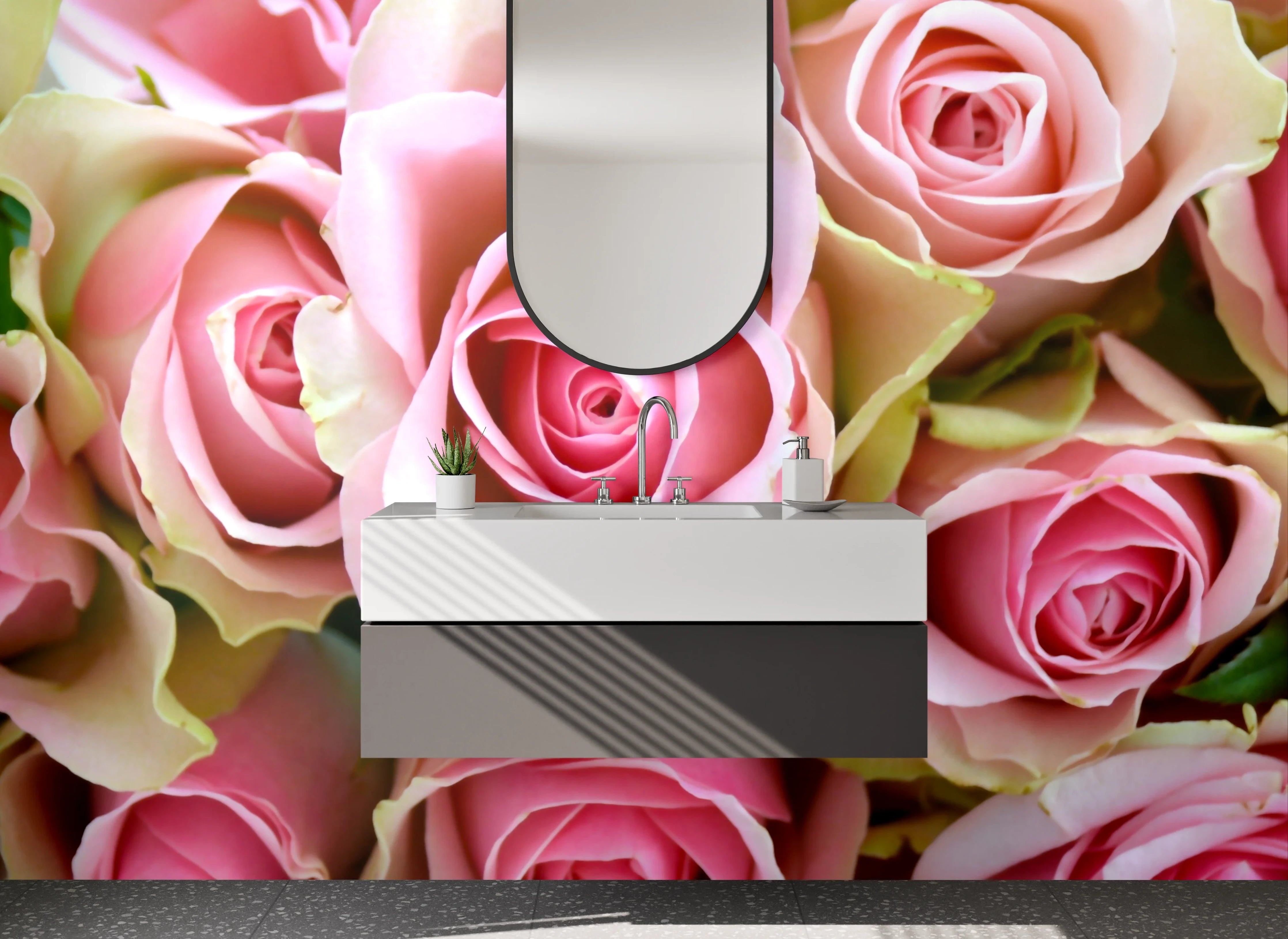 Waschbecken-Rückwand - Romantische Rosenblüten – Rosa & Grün