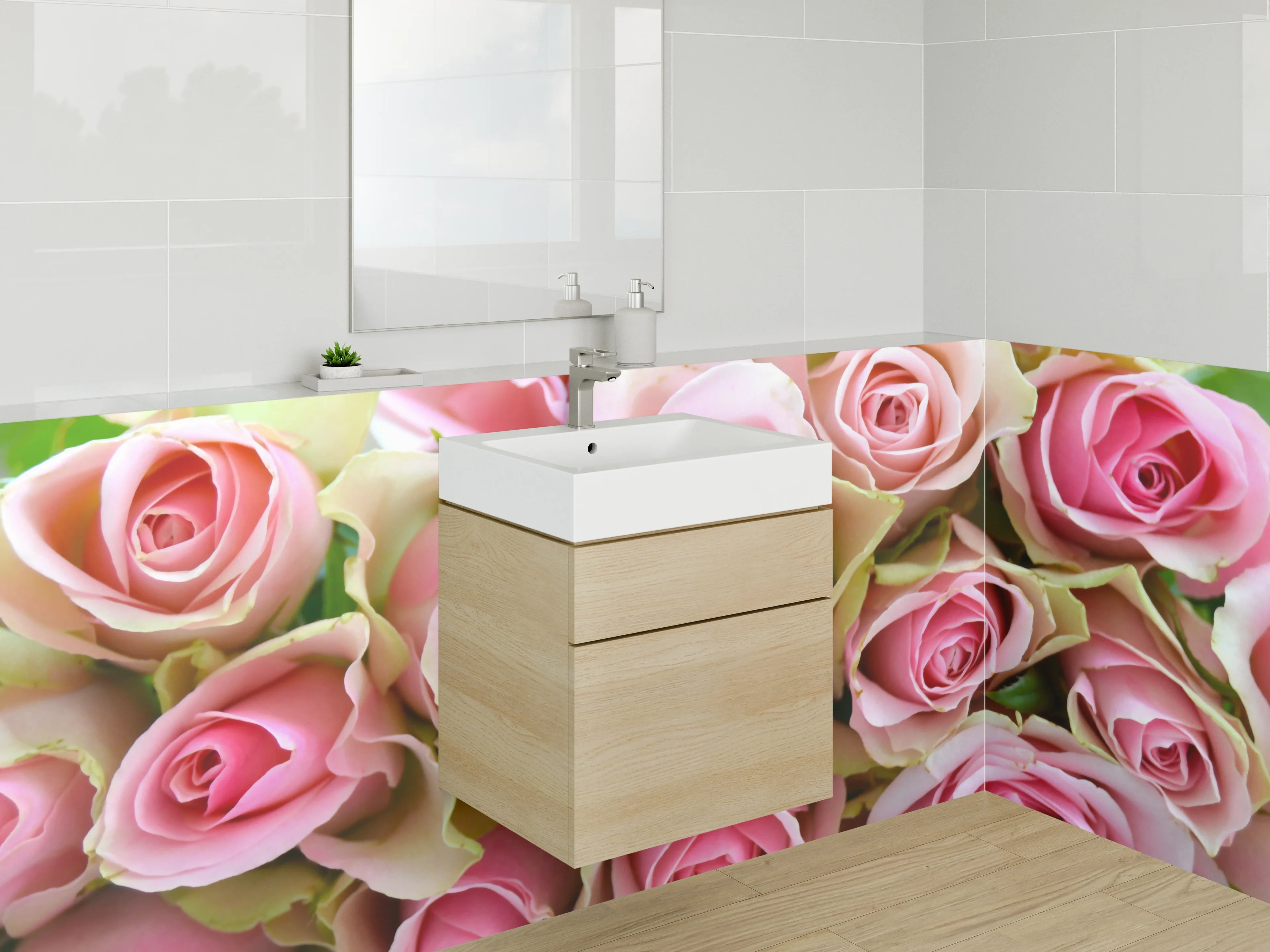 Waschbecken-Rückwand - Romantische Rosenblüten – Rosa & Grün