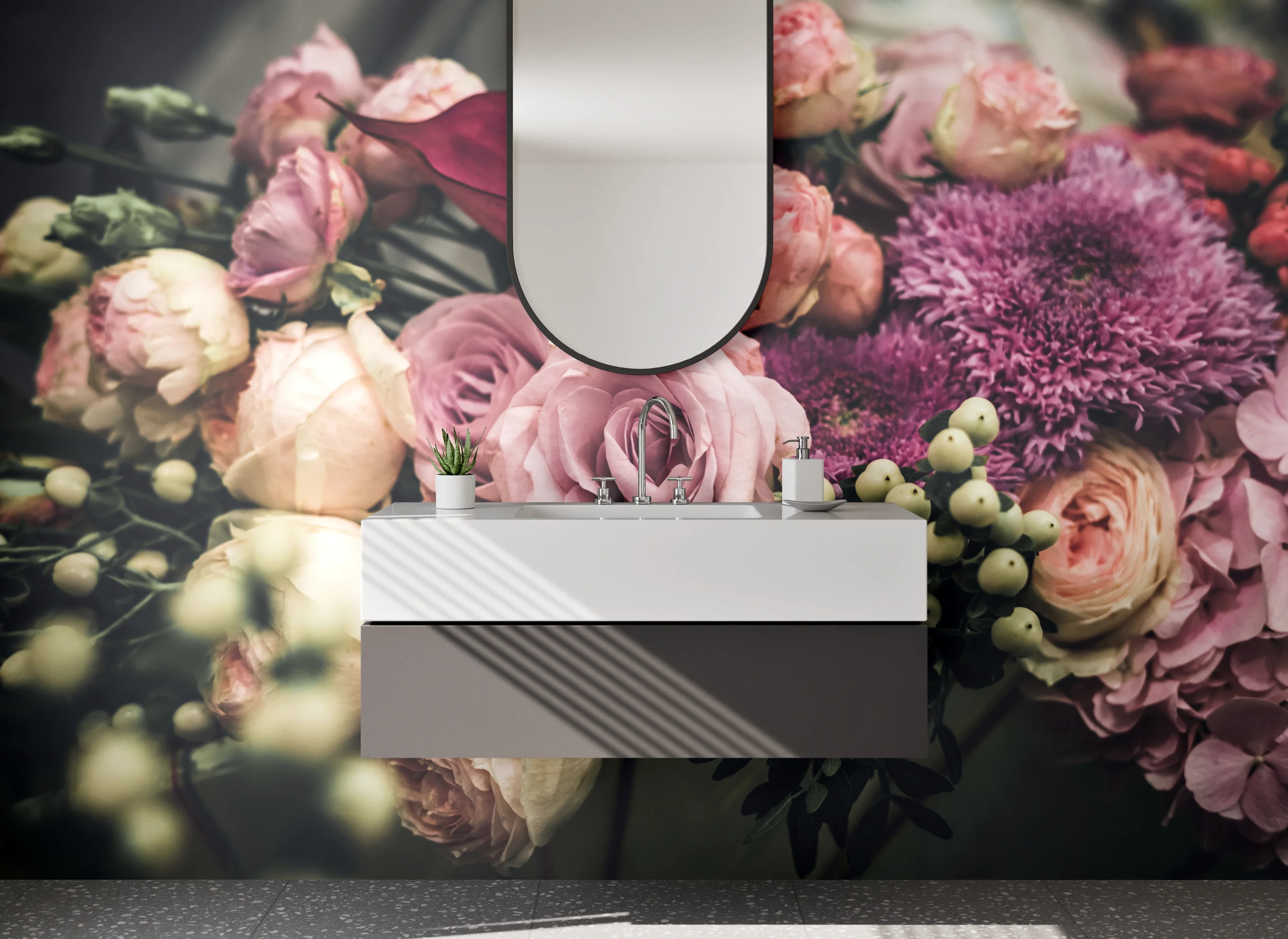 Waschbecken-Rückwand - Romantischer Blumenstrauß in Rosa und Lila