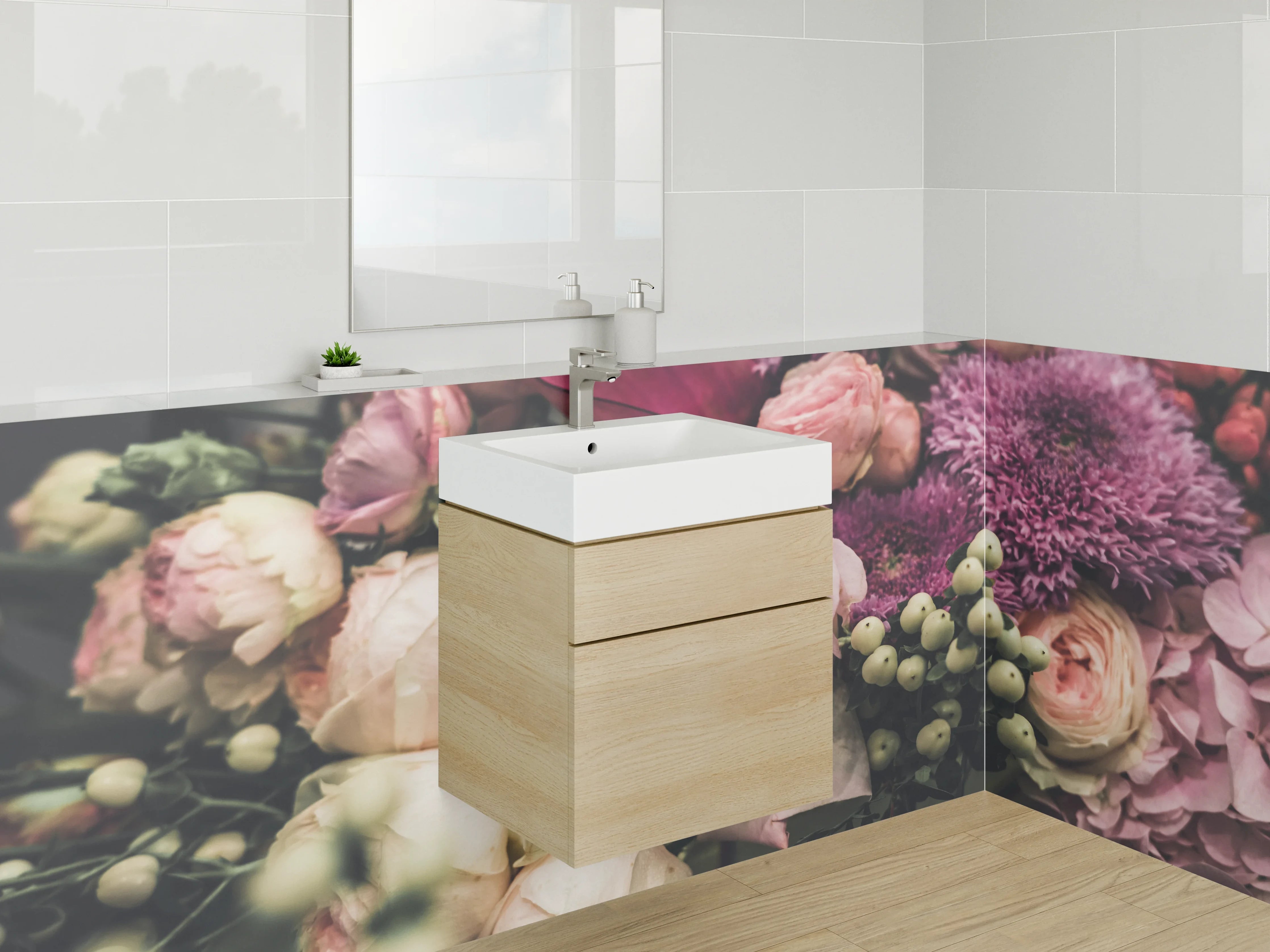 Waschbecken-Rückwand - Romantischer Blumenstrauß in Rosa und Lila