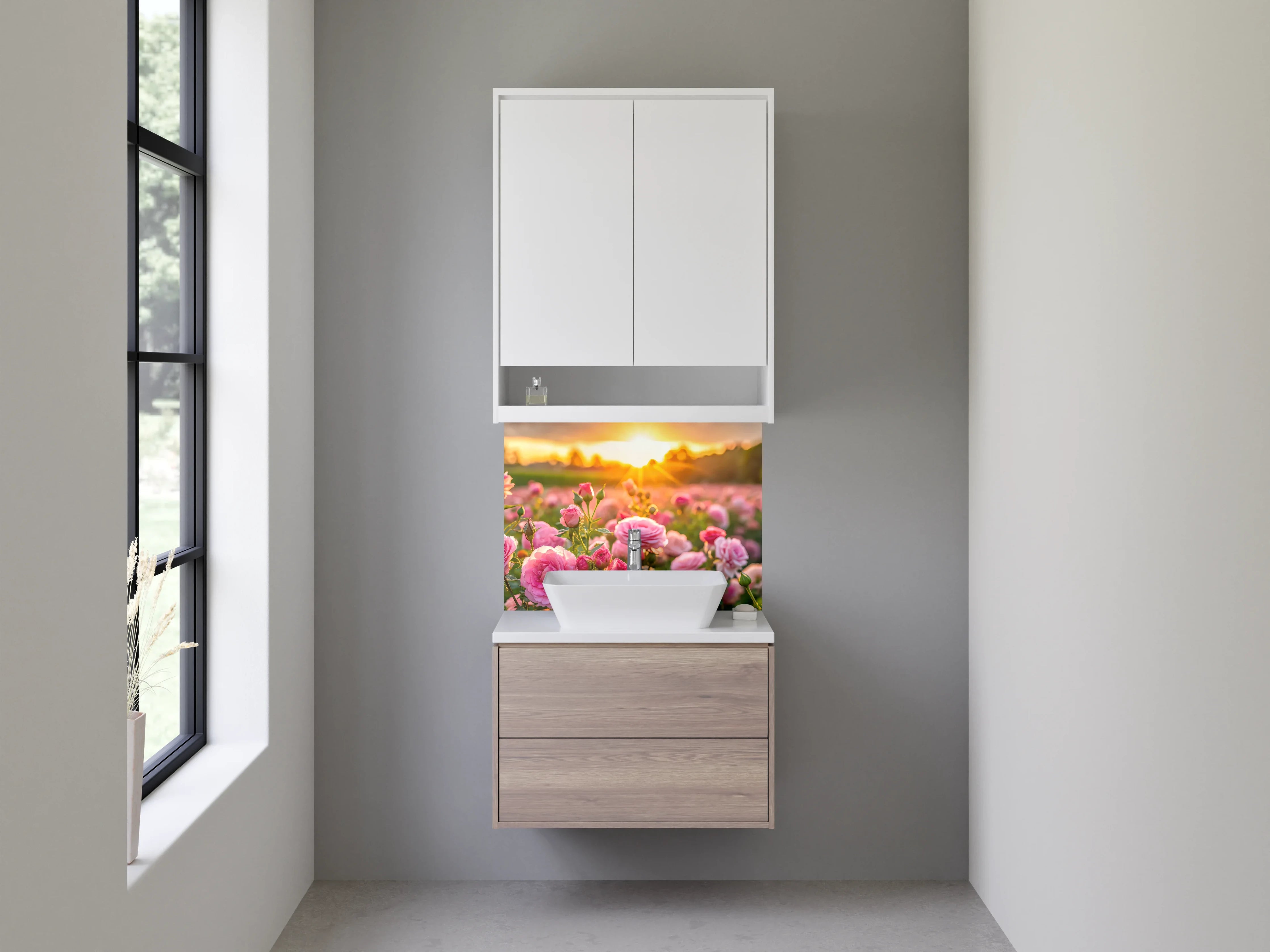 Waschbecken-Rückwand - Romantischer Rosengarten bei Sonnenuntergang