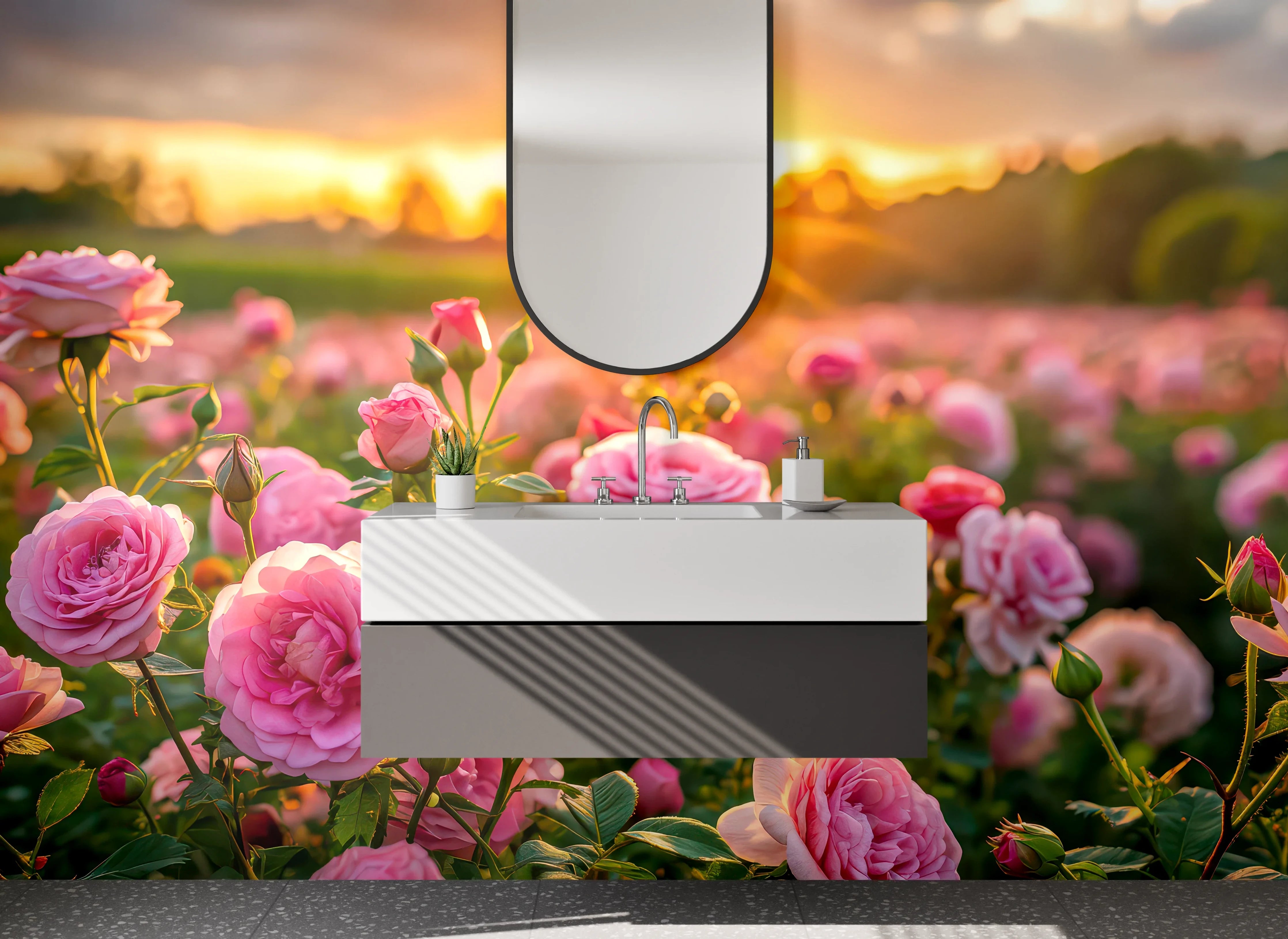 Waschbecken-Rückwand - Romantischer Rosengarten bei Sonnenuntergang