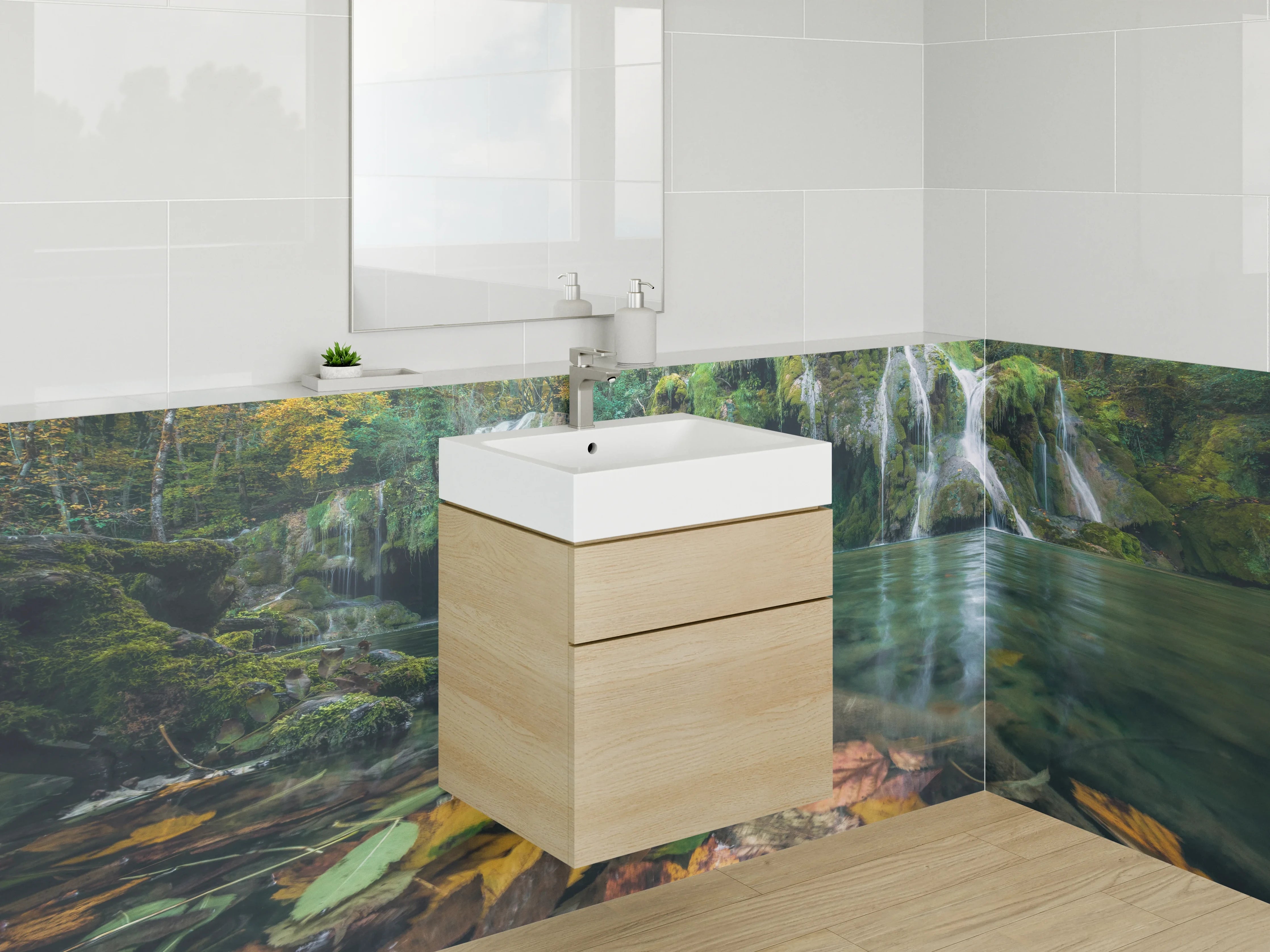 Waschbecken-Rückwand - Romantischer Waldwasserfall im Herbst