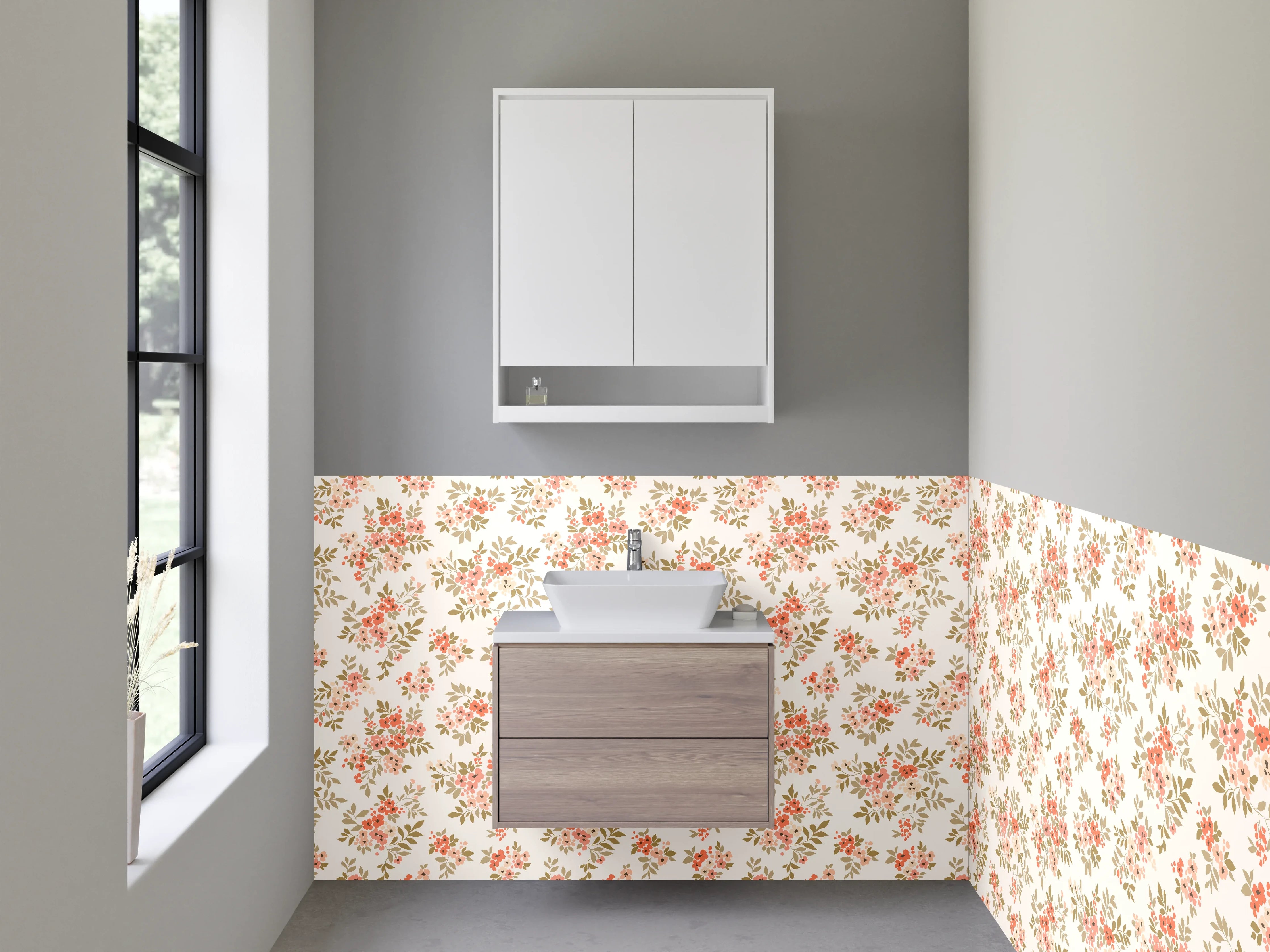 Waschbecken-Rückwand - Romantisches Blümchenmuster Beige Rosa