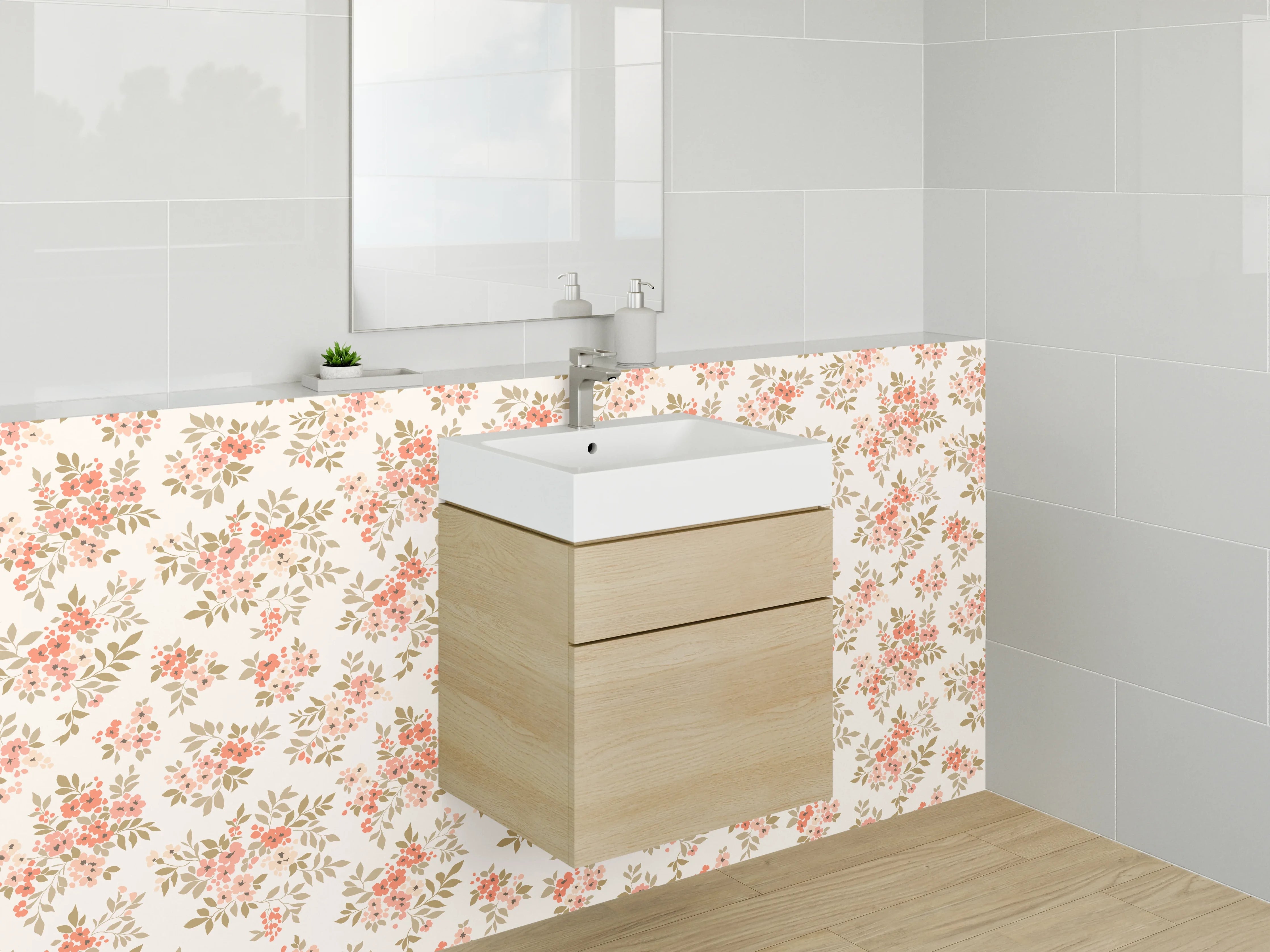 Waschbecken-Rückwand - Romantisches Blümchenmuster Beige Rosa