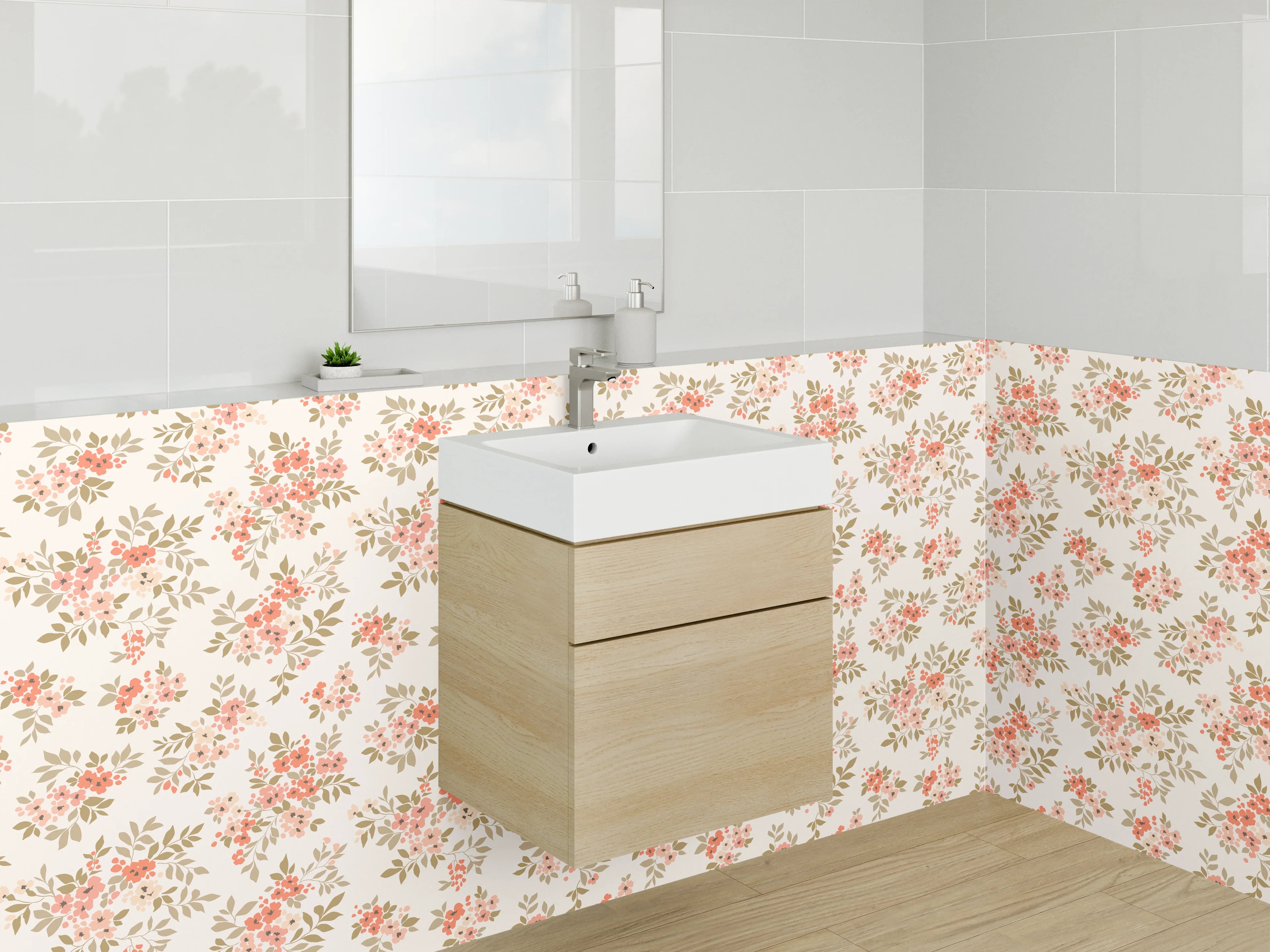 Waschbecken-Rückwand - Romantisches Blümchenmuster Beige Rosa