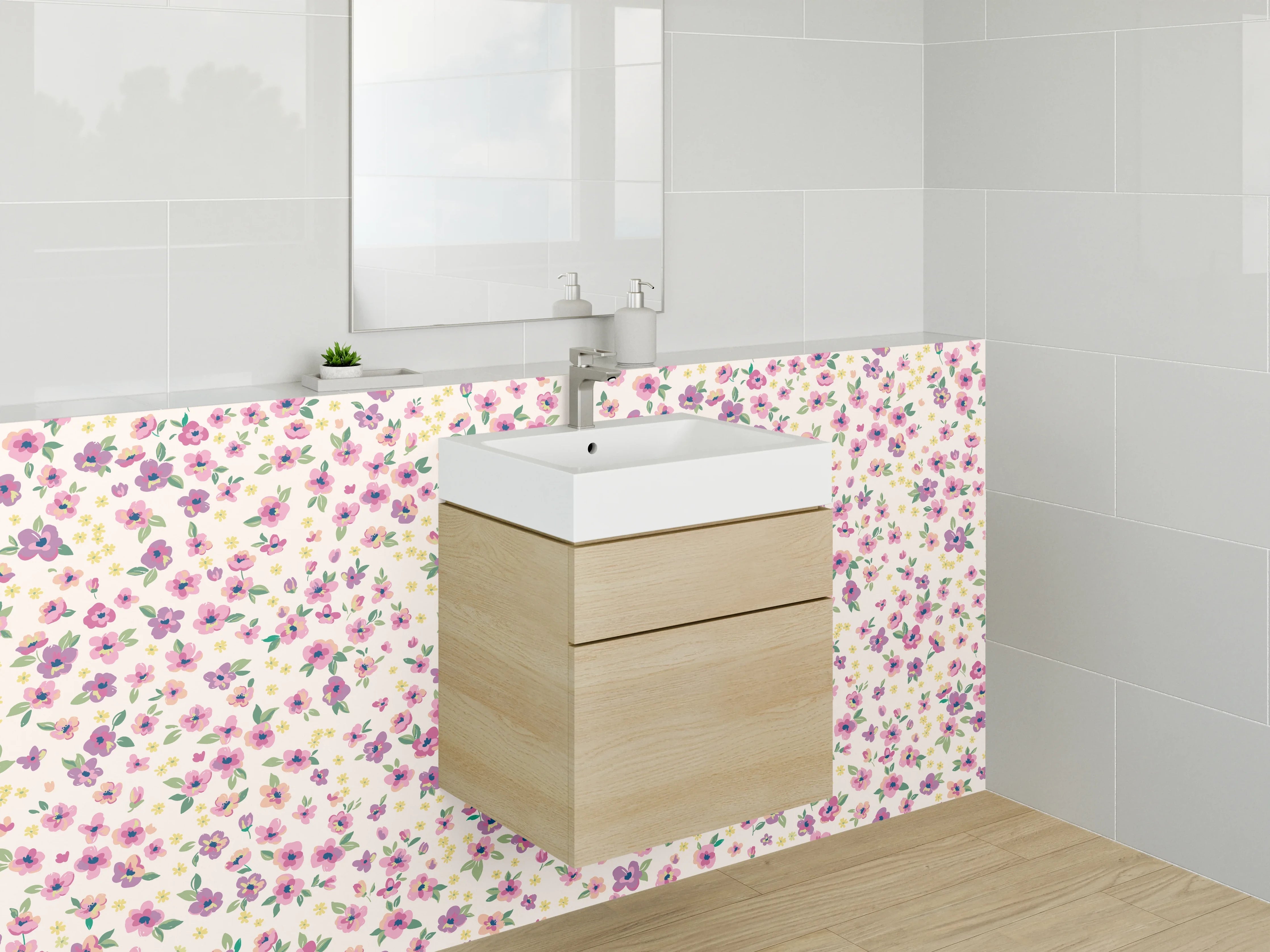 Waschbecken-Rückwand - Romantisches Blümchenmuster Rosa Weiß