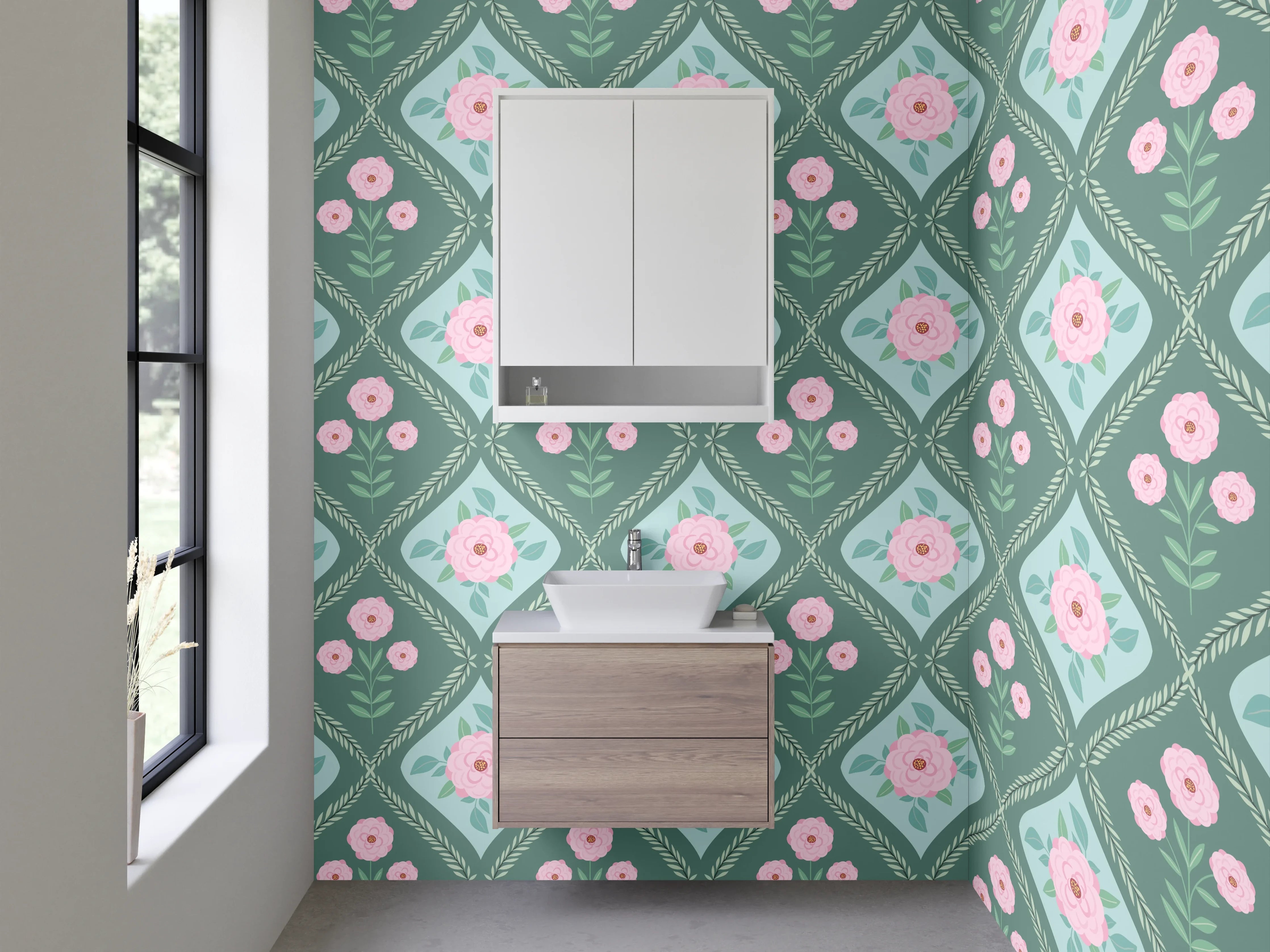 Waschbecken-Rückwand - Romantisches Retro-Blumenmuster Mintgrün Rosa